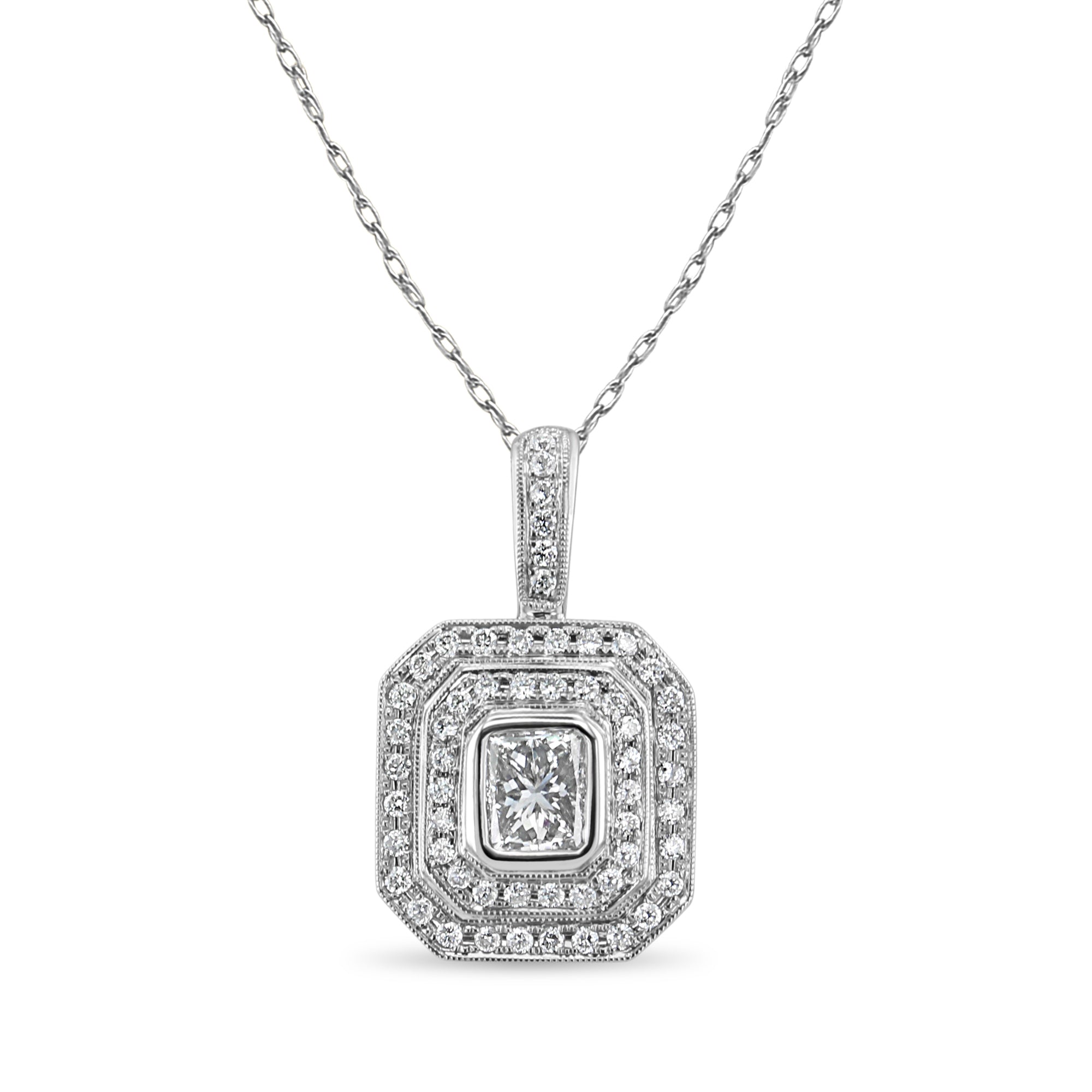 1 Carat Princess Cut Double Halo Pave Diamond Necklace in 18K White Gold - Elegant Wedding, Anniversary & Special Occasion Jewelry Gift for Women