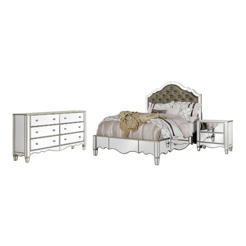 Furniture of America FOA Gavvi Glam 3-Piece Silver Wood Bedroom Set - California King Bed, Nightstand & Dresser | Modern Luxury Bedroom Furniture for Master Suite & Guest Room