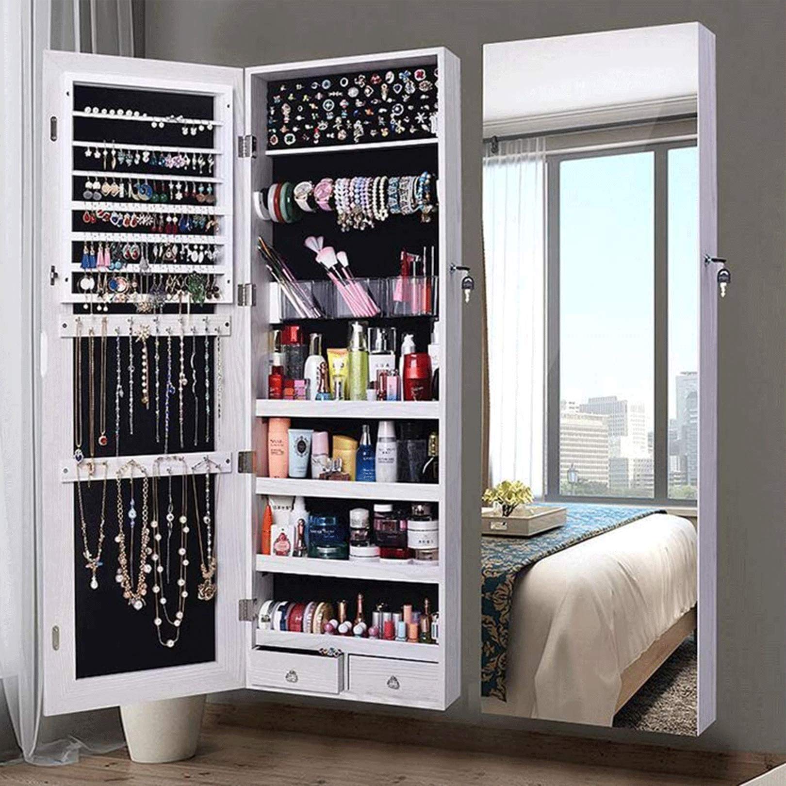 Large Mirrored Jewelry Cabinet Armoire Organizer - Wall/Door Mounted Storage with Velvet Lining & Separate Compartments - Perfect for Bedroom, Closet or Dressing Room Organization