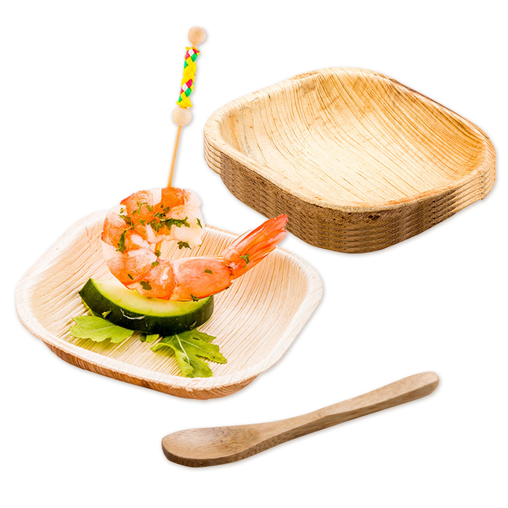 100 Pack 4 oz Square Palm Leaf Bowls & 100 Natural Bamboo 3.5