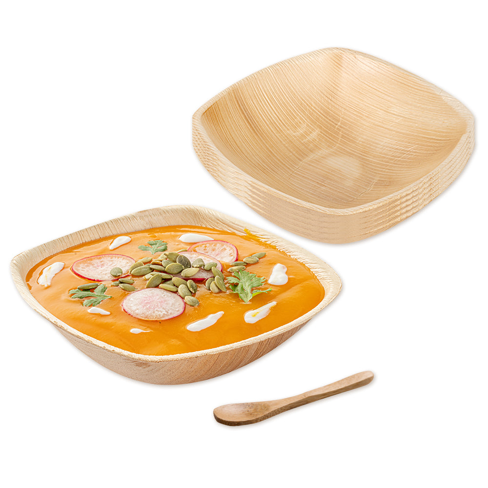100-Pack Eco-Friendly 20 oz Square Palm Leaf Bowls & 100 Natural Bamboo 3.5