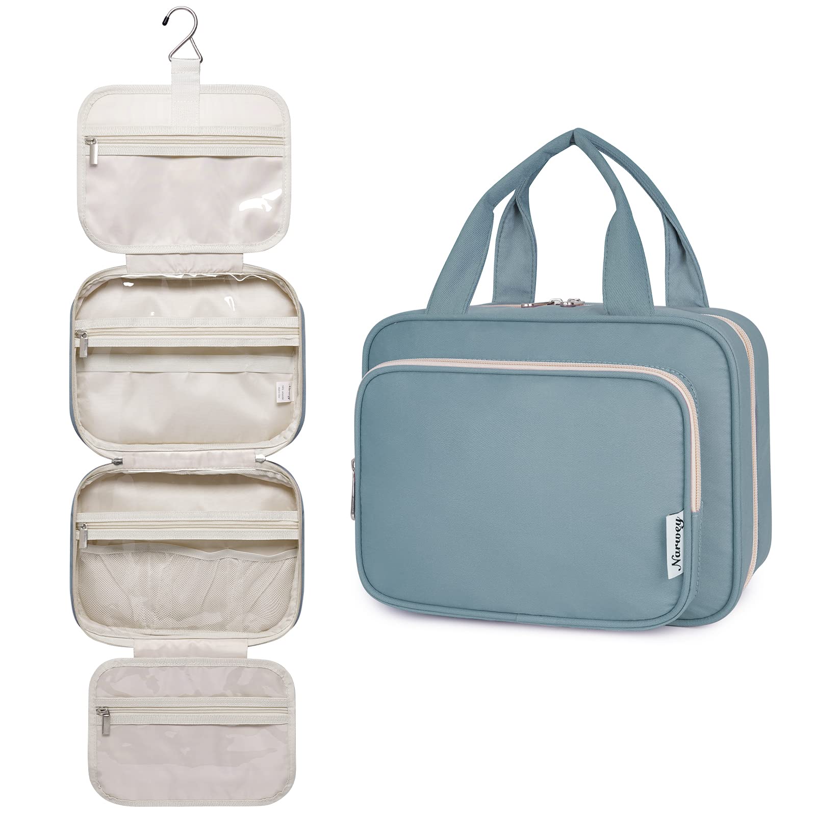 Narwey Hanging Toiletry Bag for Women - Travel Makeup Organizer with Multiple Pockets, Water-Resistant Cosmetic Bag for Toiletries & Essentials (Greyish Blue, Medium) - Perfect for Air Travel, Camping & Gym Use