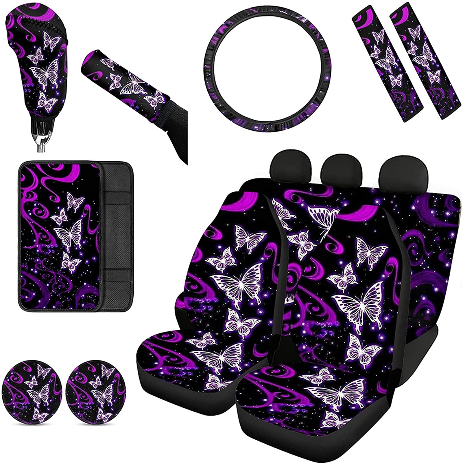 Dreaweet 12-Piece Purple Galaxy Car Seat Covers Set - Shiny Butterfly Design for Women & Men, Includes Steering Wheel Cover, Seatbelt Covers, Armrest Pads, Non-Slip Cup Holders, Handbrake Cover & Gear Shift Knob Cover - Perfect for Cars, SUVs & Road Trips