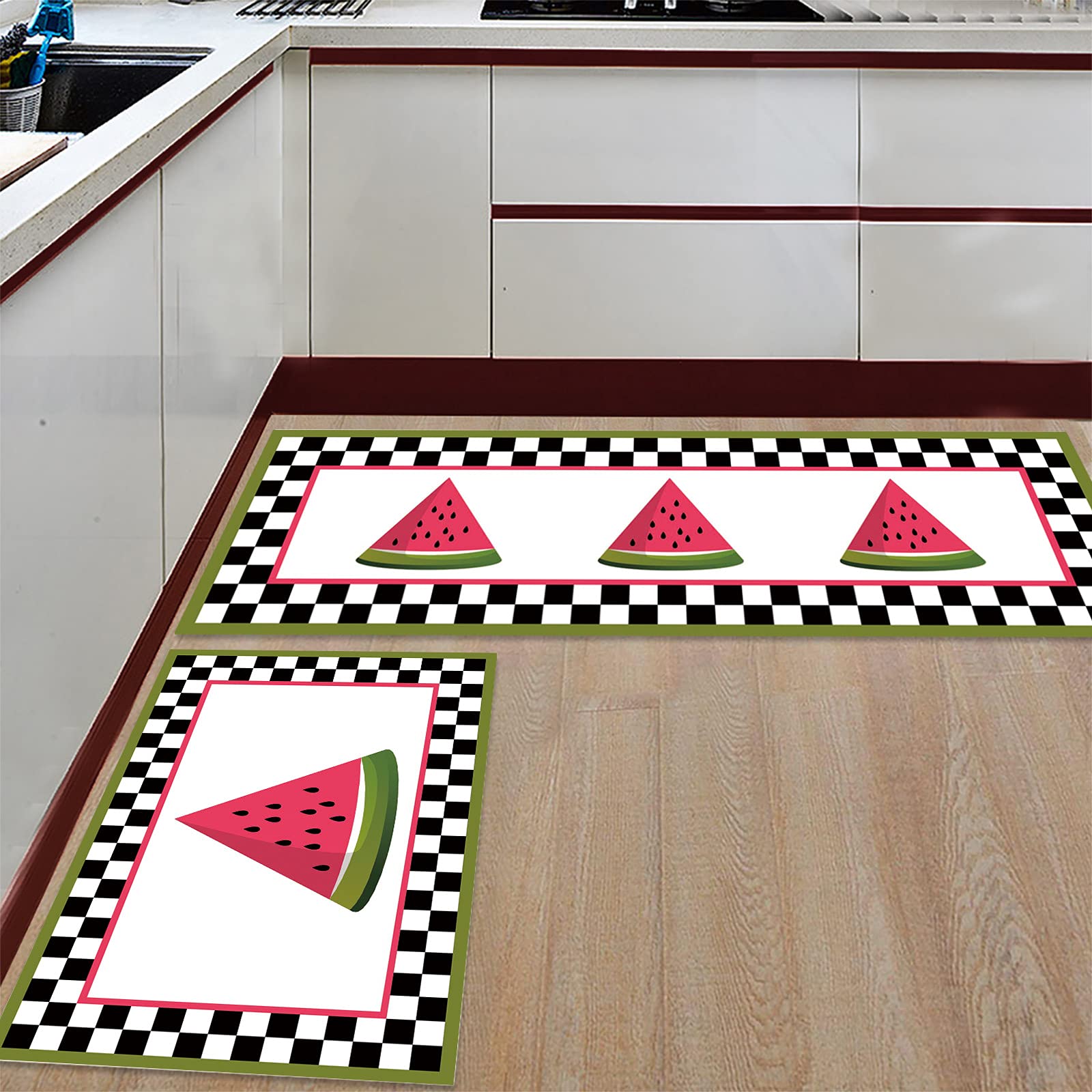 2 Piece Non-Slip Kitchen Mats Set - Watermelon & Black White Plaid Design, Thick Cushioned Floor Mats for Comfortable Standing, Perfect for Kitchen, Laundry Room, and Bathroom Use