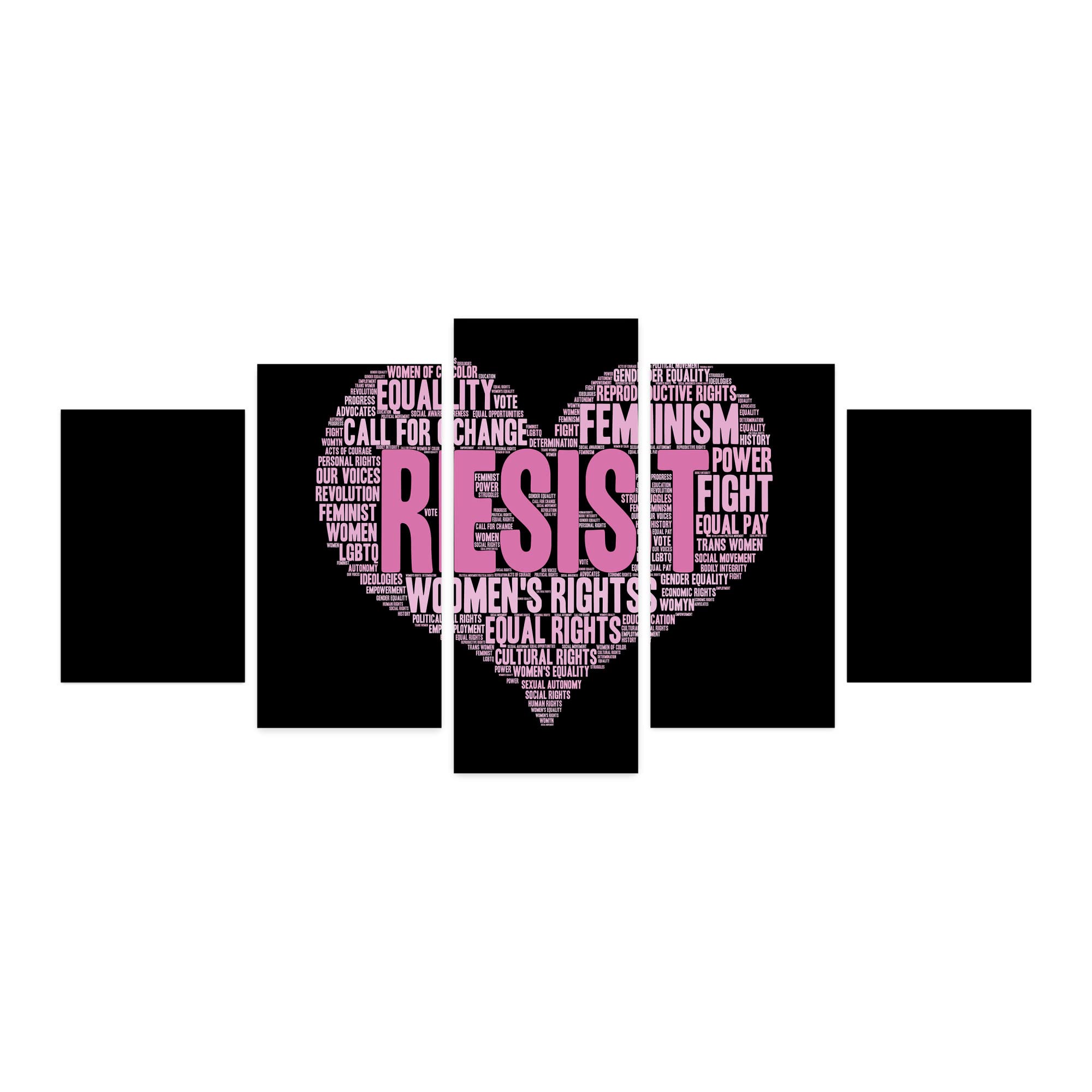 Ambesonne Feminist 5-Panel Acrylic Glass Wall Art - Heart-Shaped Collage with Empowering Phrases for Gender Equality & Social Awareness - Pink, Black & Rose Modern Decor (60