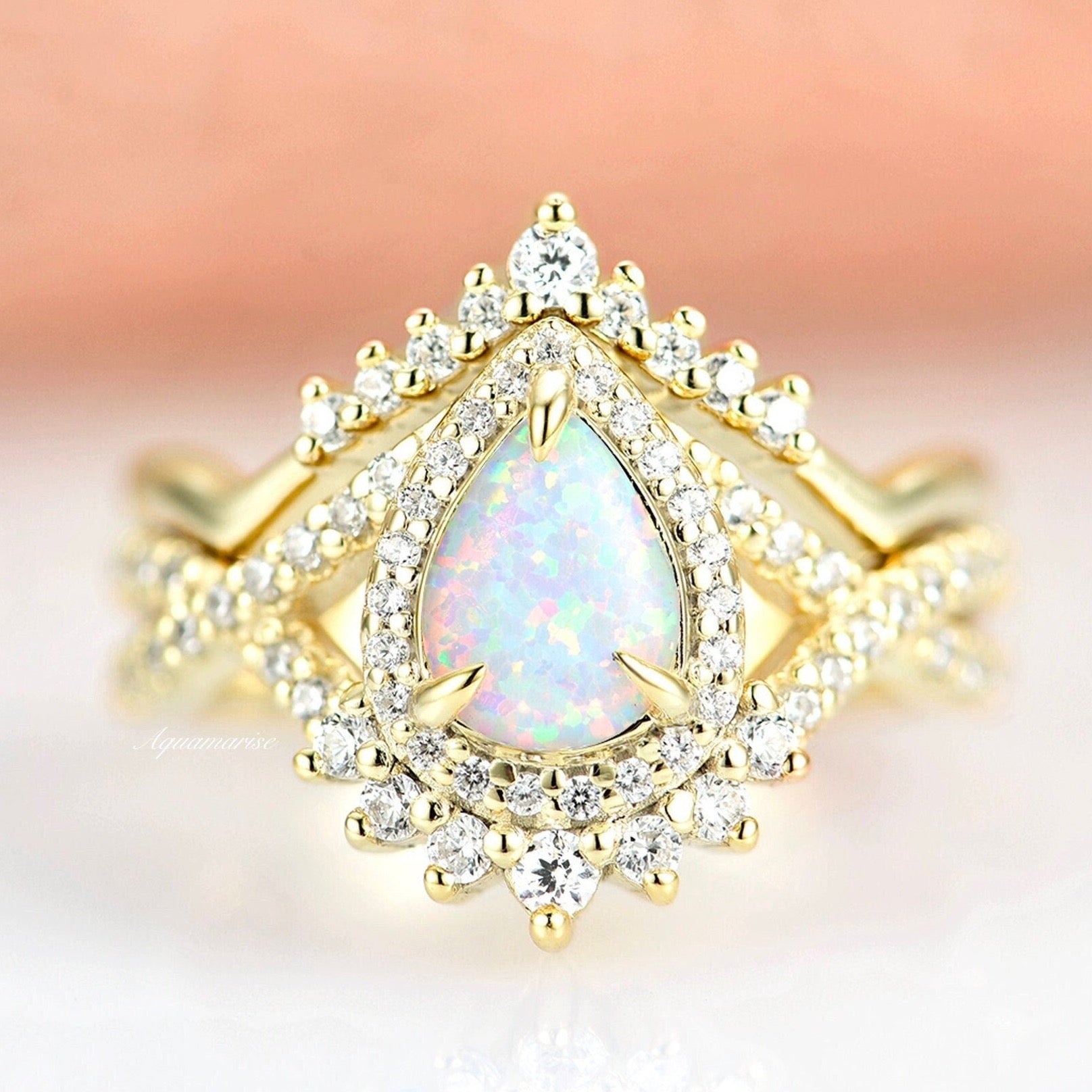 Harper Opal Ring Set 14K Yellow Gold Vermeil - Elegant Stackable Rings for Women, Perfect for Everyday Wear, Anniversary Gifts & Special Occasions