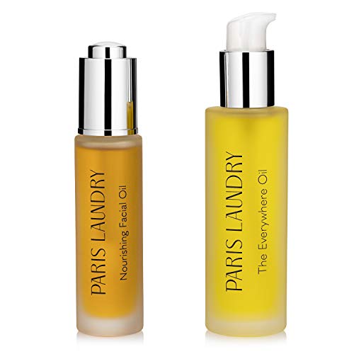 Paris Laundry Organic Nourishing Facial Oil & Everywhere Body Oil Bundle - All Natural, Lightweight, Non-Greasy Anti-Aging Moisturizer for Face & Body - Firming, Brightening & Glowing Skin Care - Perfect for Daily Hydration, Night Routine & Travel Skincare