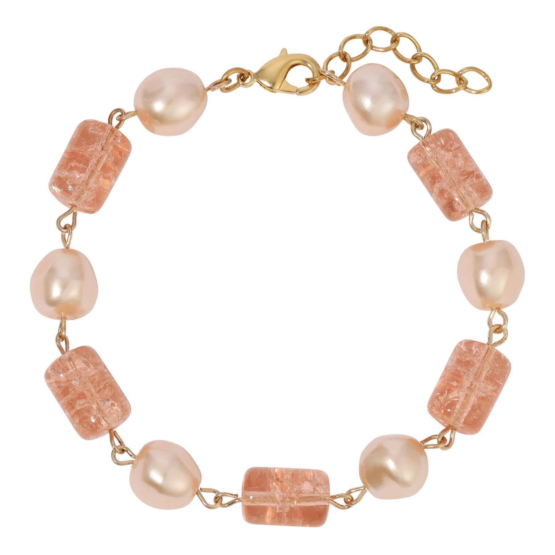 1928 Vintage Beaded Bracelet - Peach Cracked Glass & Champagne Faux Pearl Link Jewelry for Women, Perfect for Weddings, Parties & Special Occasions