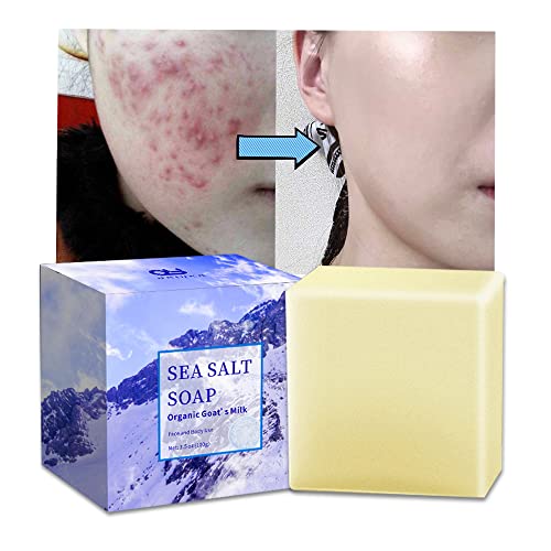 Organic Goat's Milk Sea Salt Bar Soap for Acne & Pores - 3.5oz Natural Skincare for Face, Body & Hands - Deep Cleansing Treatment for Problem Skin - Women & Men - Ideal for Daily Use, Travel & Sensitive Skin Care Routine