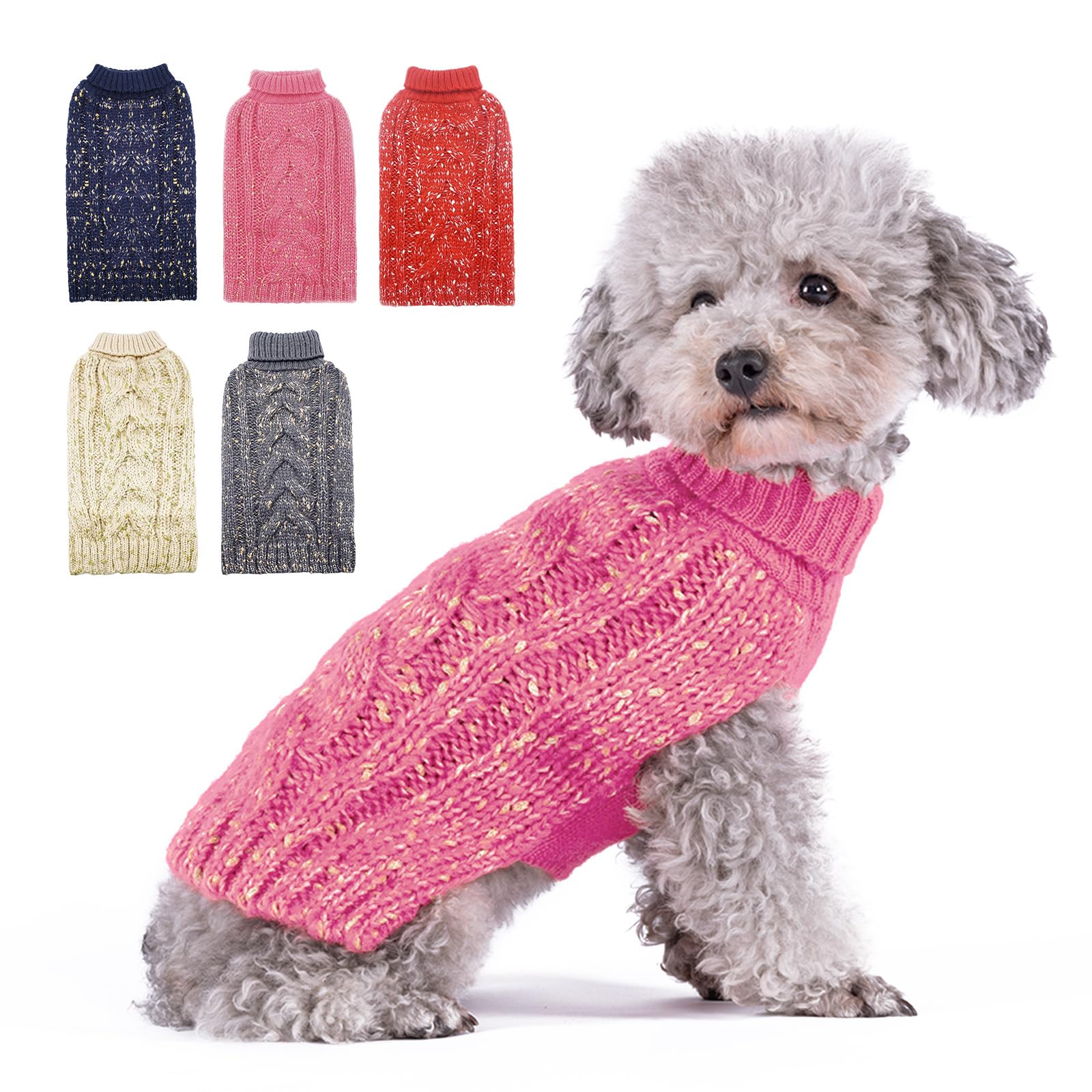 KYEESE Warm Dog Sweater for Small Dogs - Turtleneck Knit Pullover Coat with Golden Yarn for Fall & Winter | Cozy Pink X-Small Dog Clothing for Indoor Comfort & Outdoor Walks