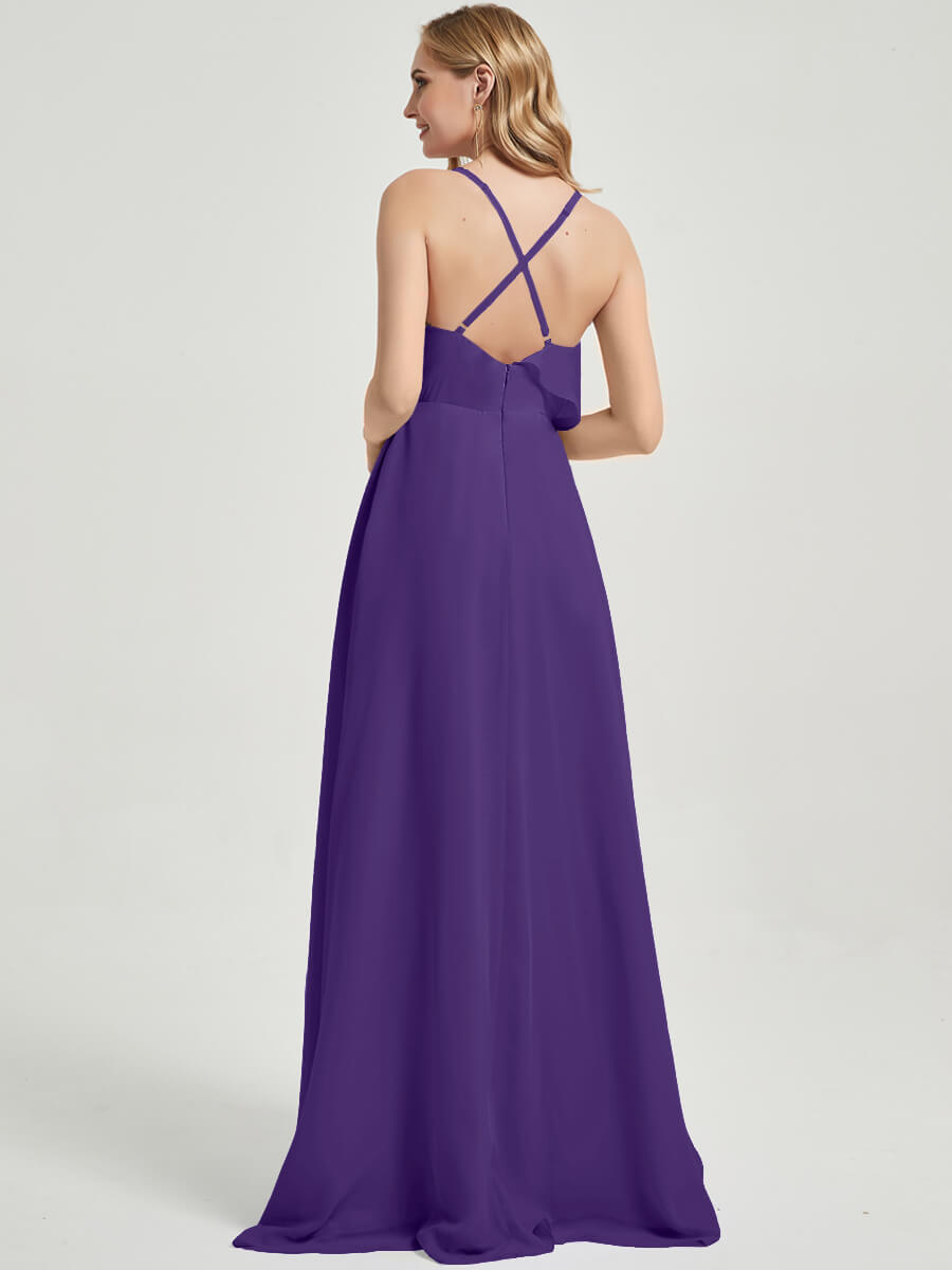 Elegant Royal Purple Chiffon Bridesmaid Dress with Criss Cross Straps, Ruffles & High Slit - Perfect for Weddings, Formal Events & Evening Parties