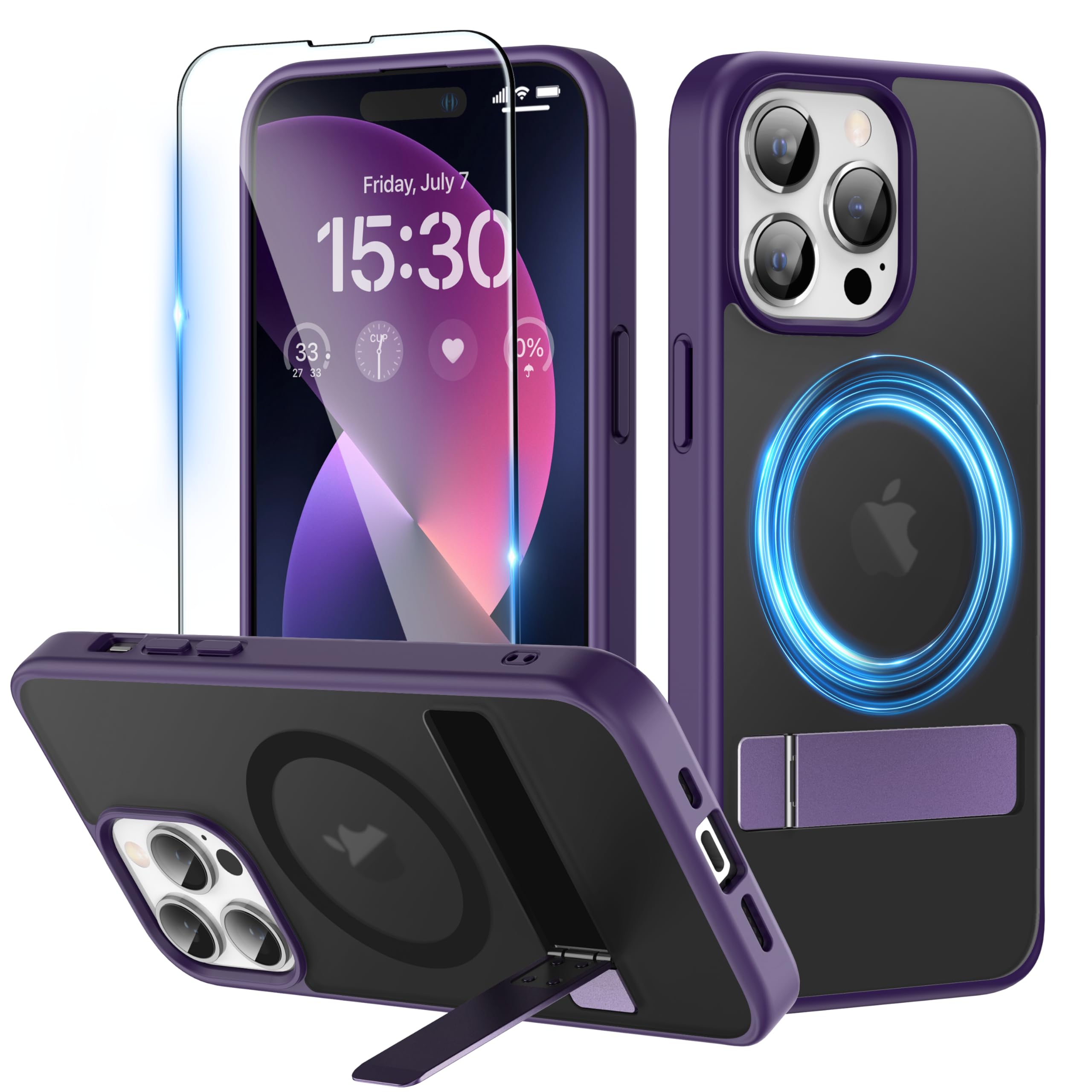 Niunisi Magnetic Case for iPhone 13 Pro Max 6.7-Inch | Slim Kickstand & Screen Protector | Magsafe Compatible | Shockproof Translucent Matte Cover | Purple | Perfect for Work, Travel & Outdoor Activities