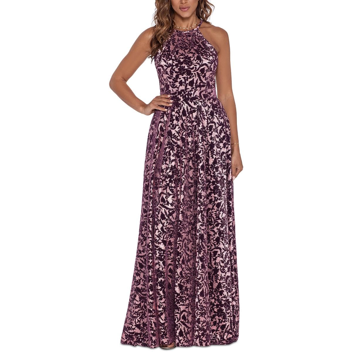 Betsy & Adam Women's Petites Metallic Burnout Maxi Dress - Elegant Formal Evening Gown for Special Occasions, Parties & Weddings