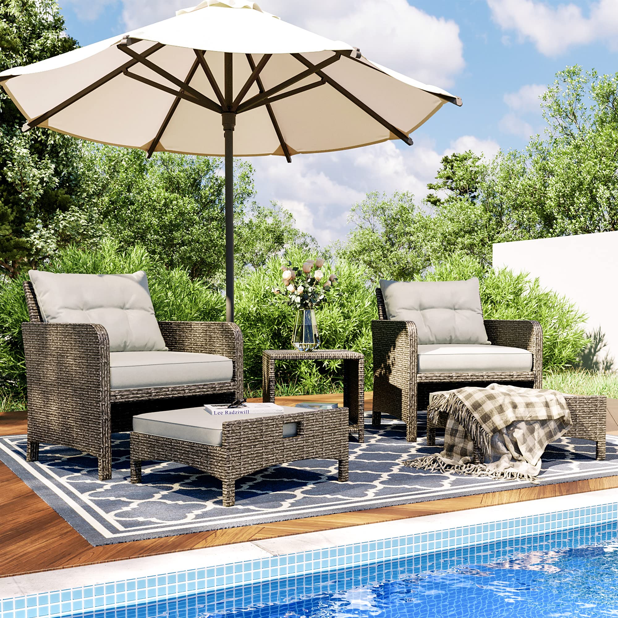Pamapic 5-Piece Wicker Patio Furniture Set with Cushions - Outdoor Rattan Conversation Set Includes Chairs, Ottomans & Coffee Table for Garden, Balcony, Porch (Gray Cushion + Gray Rattan) - Perfect for Backyard Relaxation, Outdoor Entertaining & Poolside Lounging