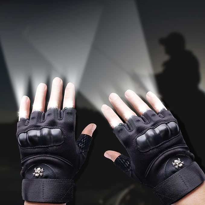 LED Flashlight Gloves for Men & Women - Hands-Free Lighted Work Gloves with Finger Lights for Camping, Hiking, Cycling, Running & Night Activities - Rechargeable Half Finger Gloves with Bright LED Lights (#01)