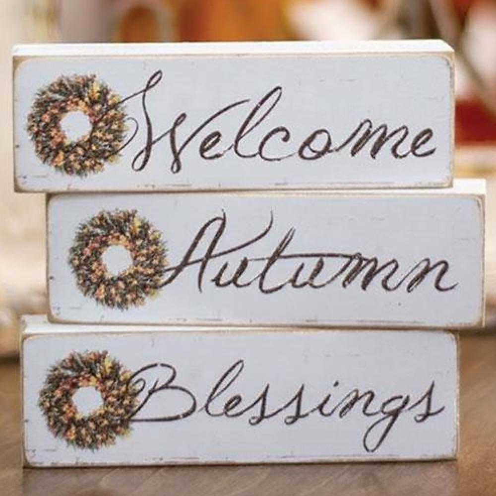 Autumn Welcome Block 3-Piece Set - Fall Home Decor for Thanksgiving & Seasonal Display - Perfect for Front Porch, Mantel, and Table Centerpiece Decorations