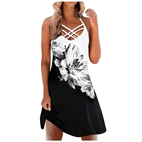 Women's Casual Summer Dress - Floral Print Sleeveless Loose Mini Dress with Crew Neck | Elegant Beachwear & Party Outfit for Vacation, Date Night and Outdoor Activities