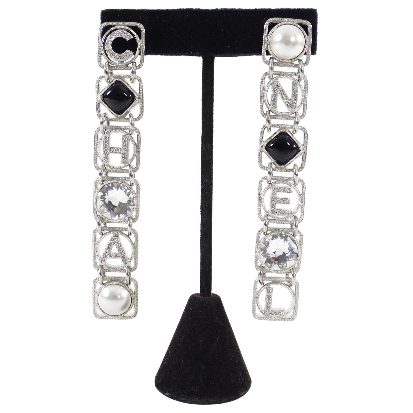 Chanel 20S Long Silver Crystal Logo Link Earrings - Luxury Fashion Jewelry for Women | Perfect for Parties, Weddings & Special Occasions
