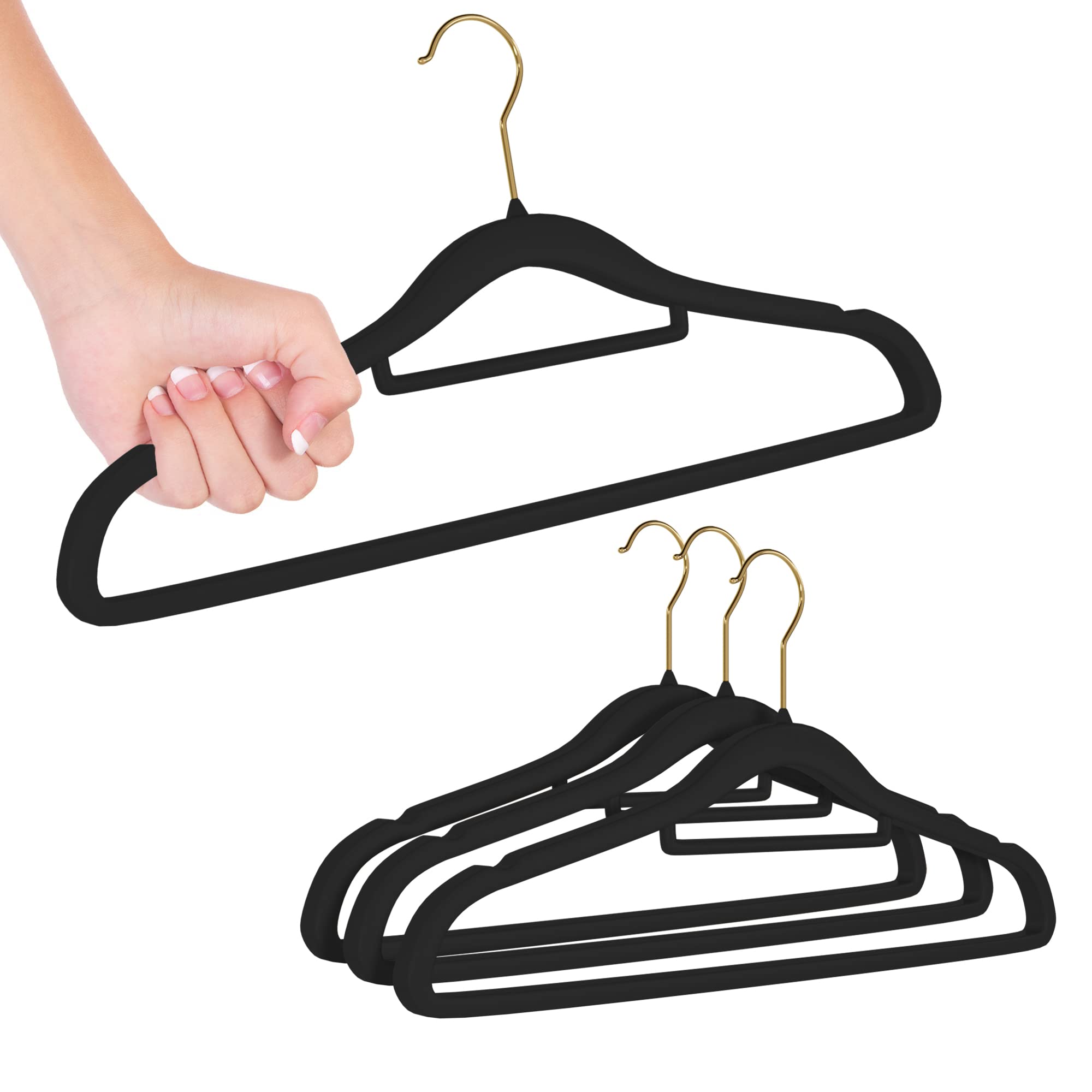 PUREVACY Velvet Non-Slip Hangers - 17.5 Inch Black Slim Clothes Hangers (Pack of 150) - Durable Thin Velvet Coated Hangers with Rose Gold Hooks - Perfect for Closet Organization, Wardrobe Storage & Space Saving