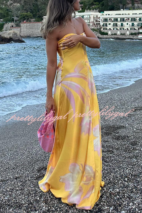 **Catalina Island Satin Floral Print Twist Bust Halter Maxi Dress - Elegant Beach Wedding, Summer Vacation & Boho Party Outfit**
