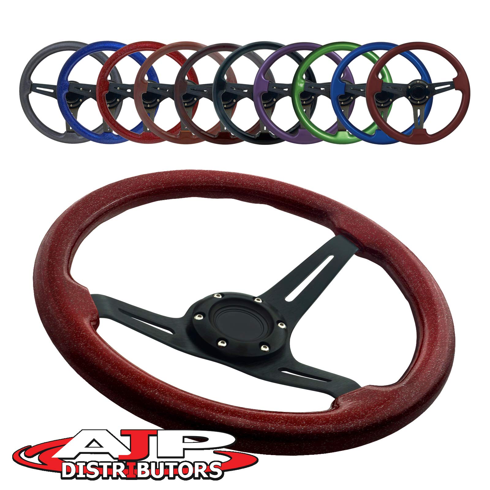 Universal 345mm 6-Bolt Deep Dish Aluminum Steering Wheel - Wood Grain Trim & Black Center (Metallic Red) - JDM Euro VIP Style for Racing, Drift, Drag Track - Perfect for Custom Car Builds & Performance Upgrades