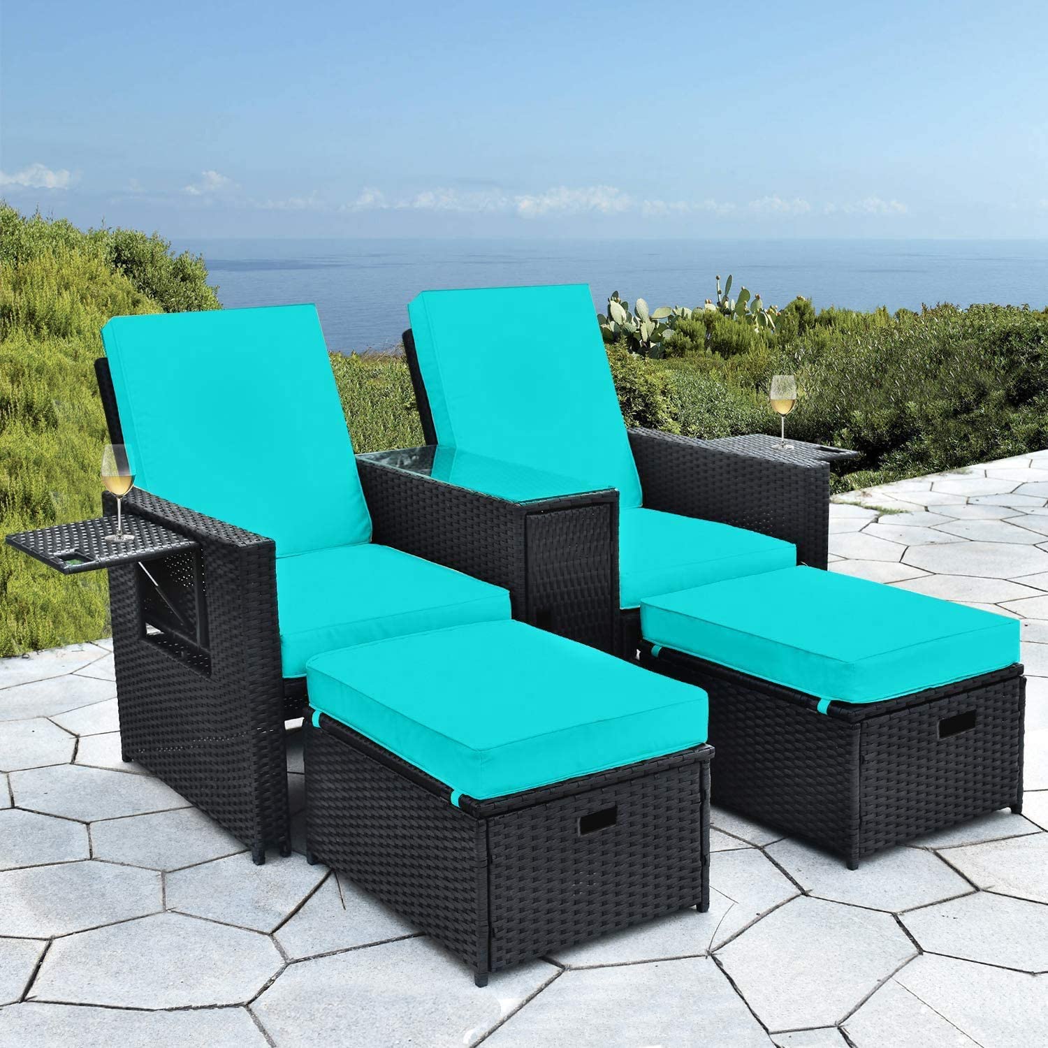 BAIJIAWEI Outdoor Wicker Loveseat Sofa Set with Cushion & Ottoman - Adjustable Rattan Lounge Chair for Patio, Garden, Balcony - Perfect for Relaxing in Backyard, Beach House or Coffee Bar