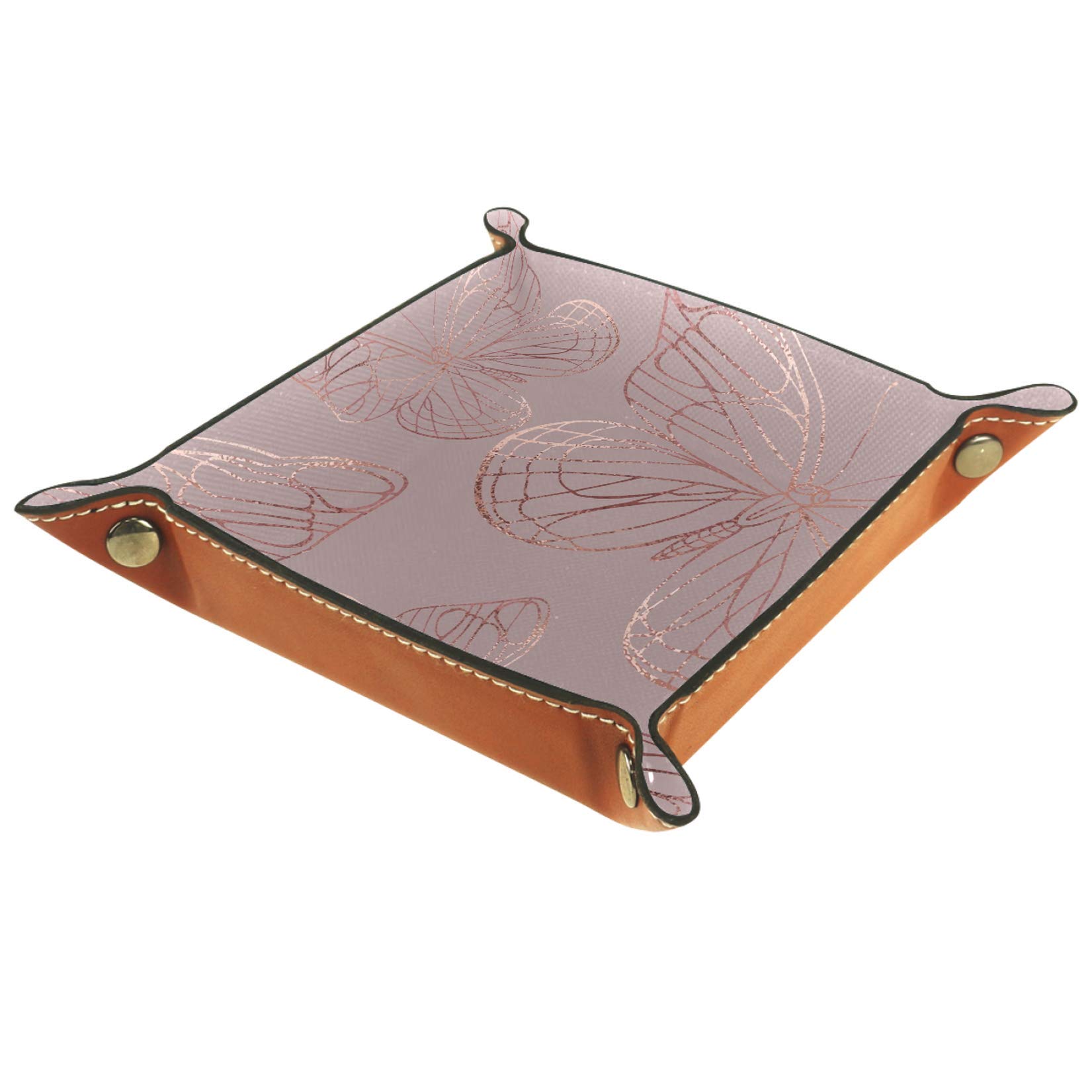 Elegant Rose Gold Butterfly Leather Valet Tray Organizer - Perfect for Wallets, Watches, Keys, Coins & Phones | Stylish Desk & Nightstand Storage Solution for Office & Home