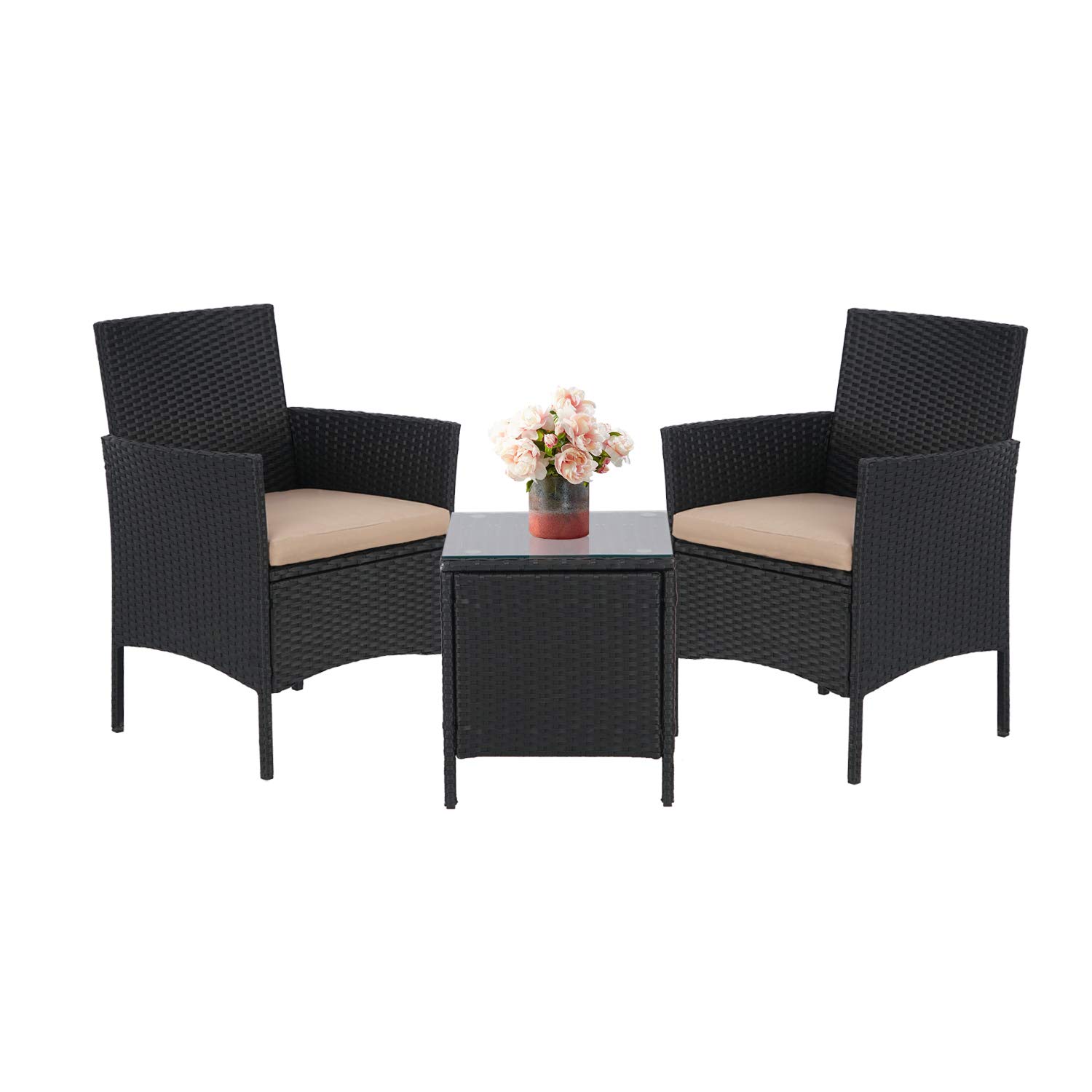 Skiway 3-Piece Patio Bistro Set - Outdoor Black Wicker Furniture with Glass Top Coffee Table - Garden Conversation Set for Backyard, Poolside or Balcony (Black/Brown) - Perfect for Relaxing, Entertaining and Outdoor Dining