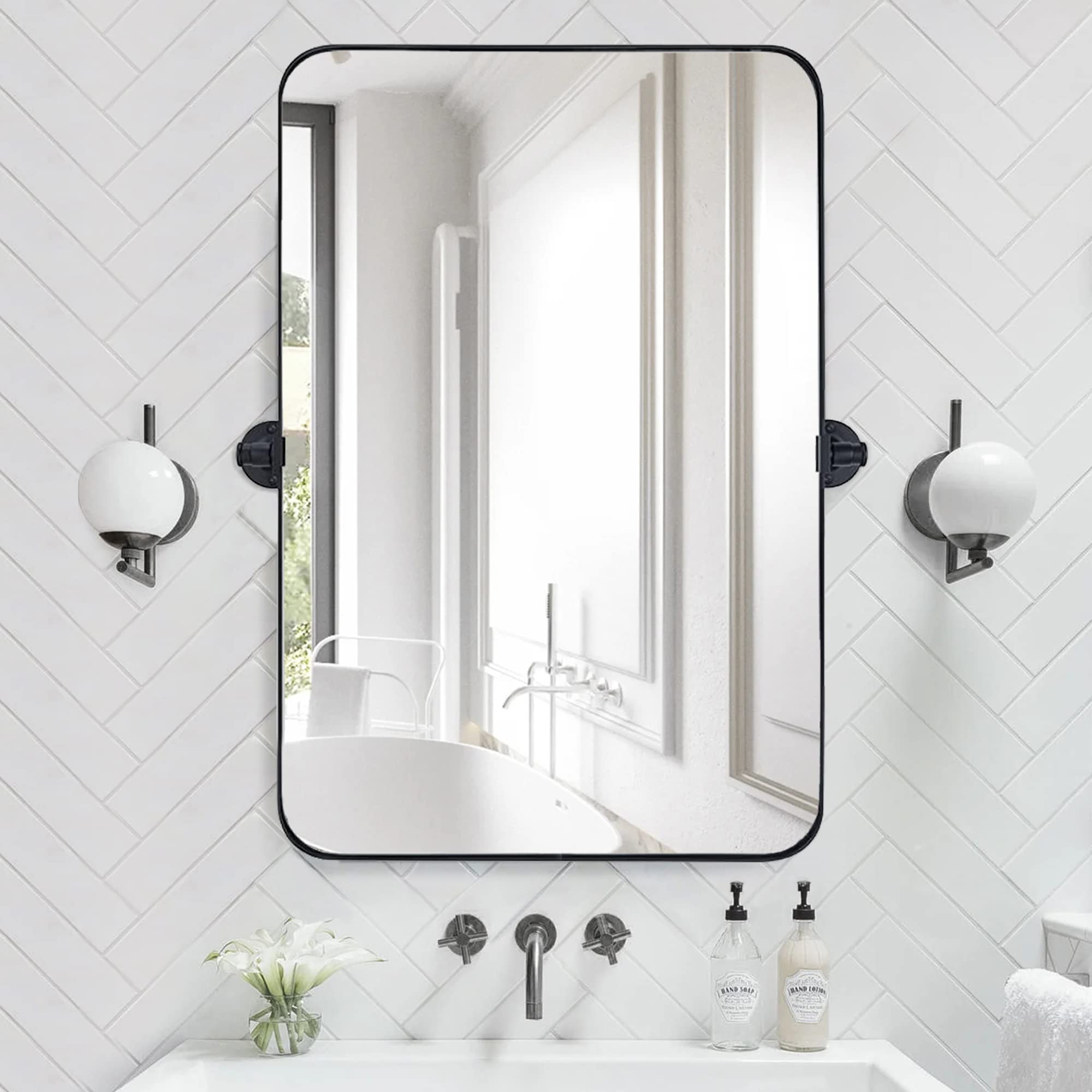 TEEBARN 20x30 Inch Black Metal Framed Rectangular Tilting Bathroom Mirror - Wall Mounted Pivoting Vanity Mirror with Rounded Corners for Bathroom, Bedroom & Dressing Room