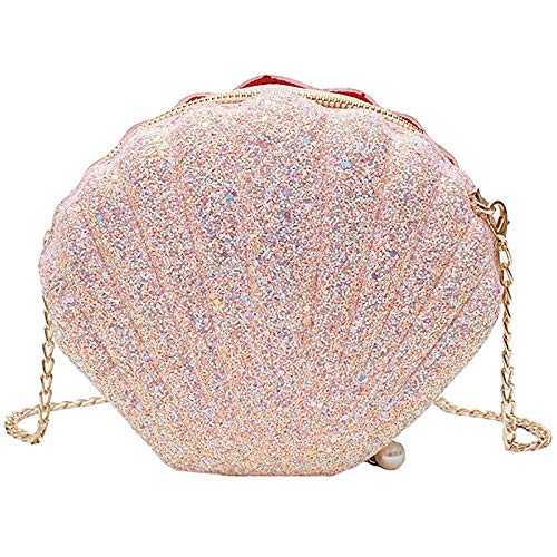 Pimahnry Women's Little Mermaid Seashell Purse - Sparkly Sequins Shoulder Bag with Chain for Evening Parties, Prom, Beach Vacation (Pink) | Perfect Gift for Girls & Teens