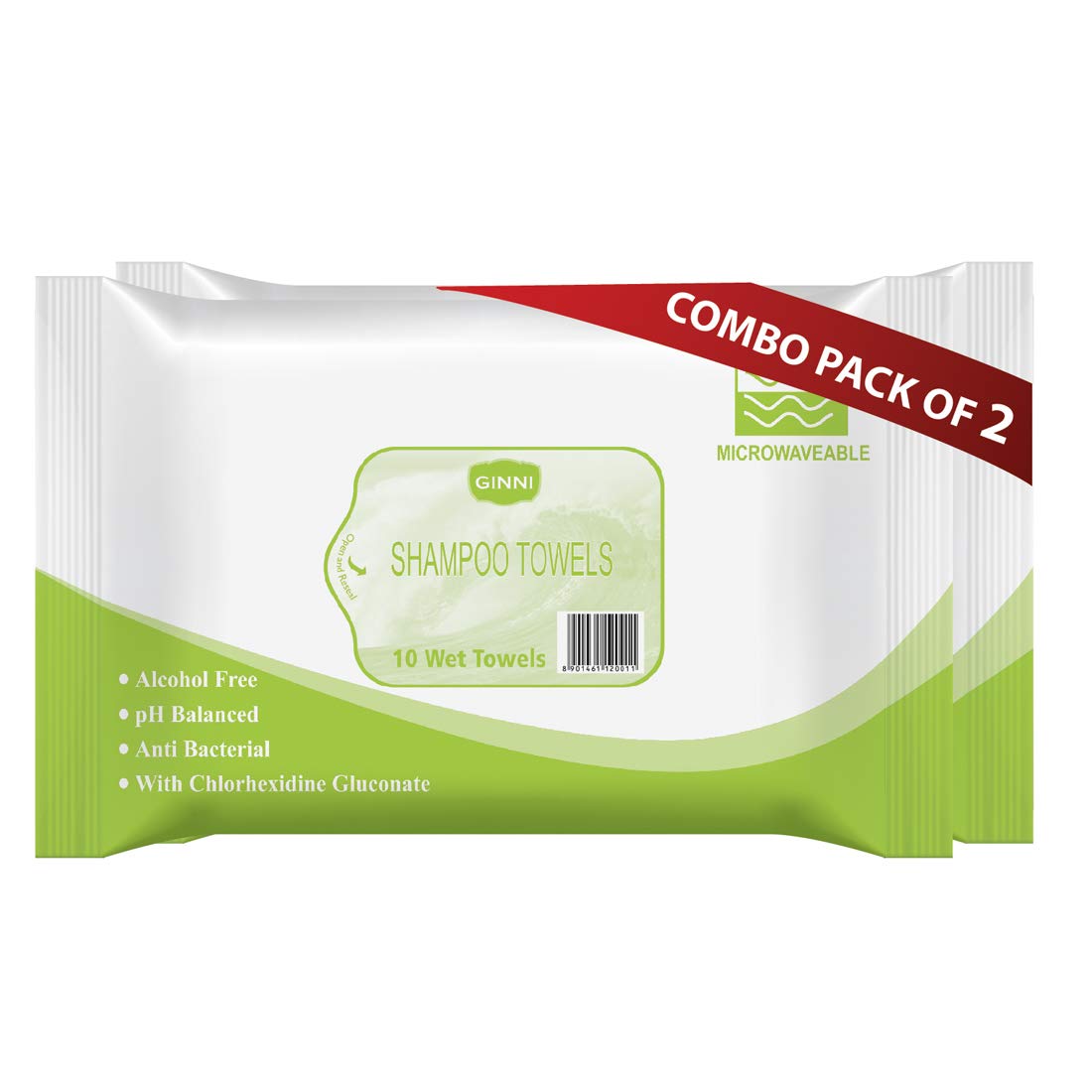 Ginni No-Rinse Shampoo Towels - Ph Balanced, Alcohol-Free & Antibacterial Hair Cleansing Wipes (10 Towels/Pack, Pack of 2, 240mm x 300mm) - Ideal for Travel, Bedridden Patients, Camping & Quick Refresh