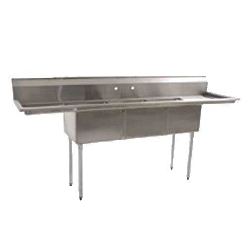 BlendPort BPS 1854 3-Compartment Commercial Sink with 2 Drain Boards - 18 Gauge Stainless Steel - Perfect for Restaurants, Food Trucks & Commercial Kitchens