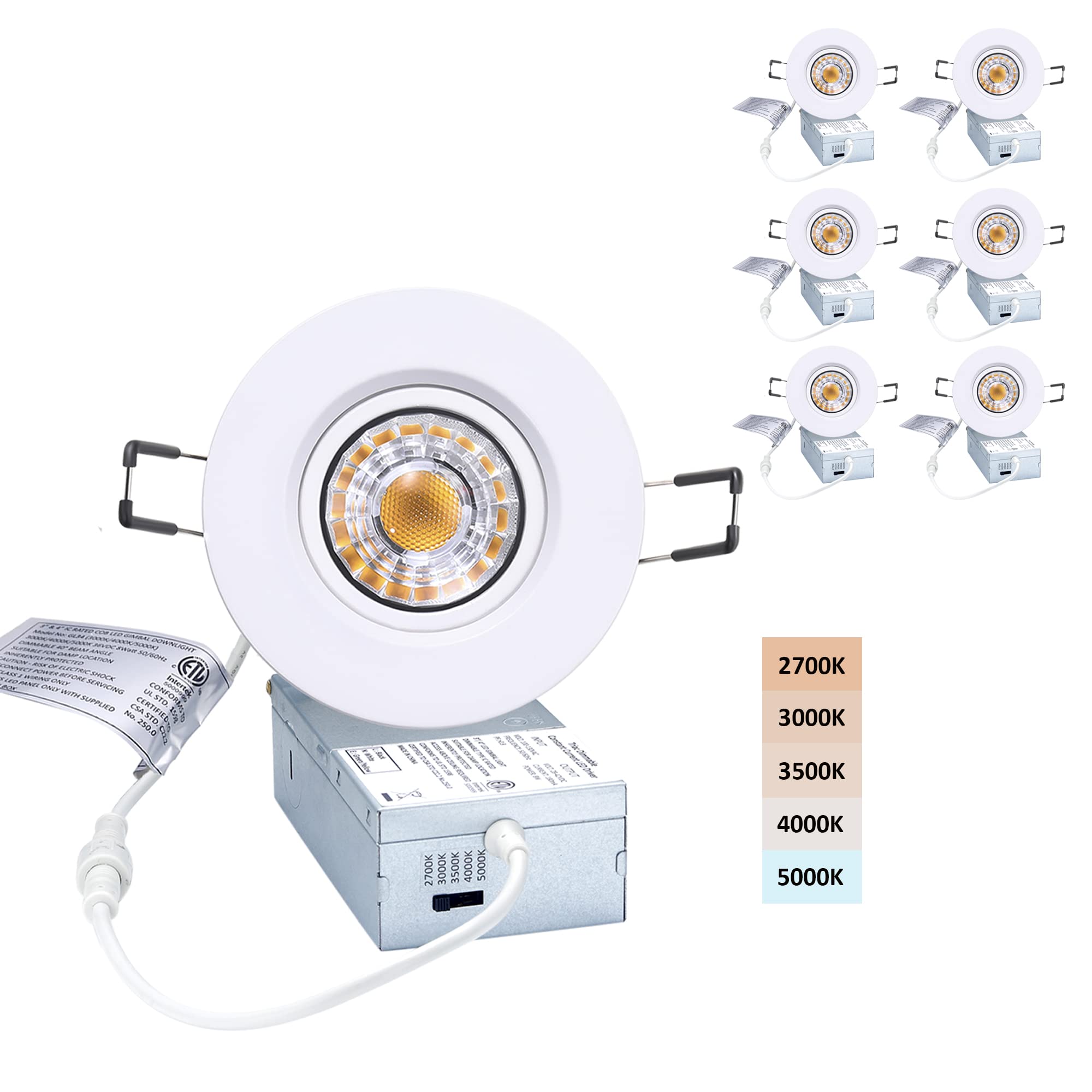 5 CCT 3 Inch Rotatable Recessed Gimbal Downlight - Dimmable LED Eyeball Ceiling Spotlight with Junction Box, 8W Adjustable Color Temperature, White Round Trim (6 Pack) - Perfect for Kitchens, Living Rooms & Bedrooms