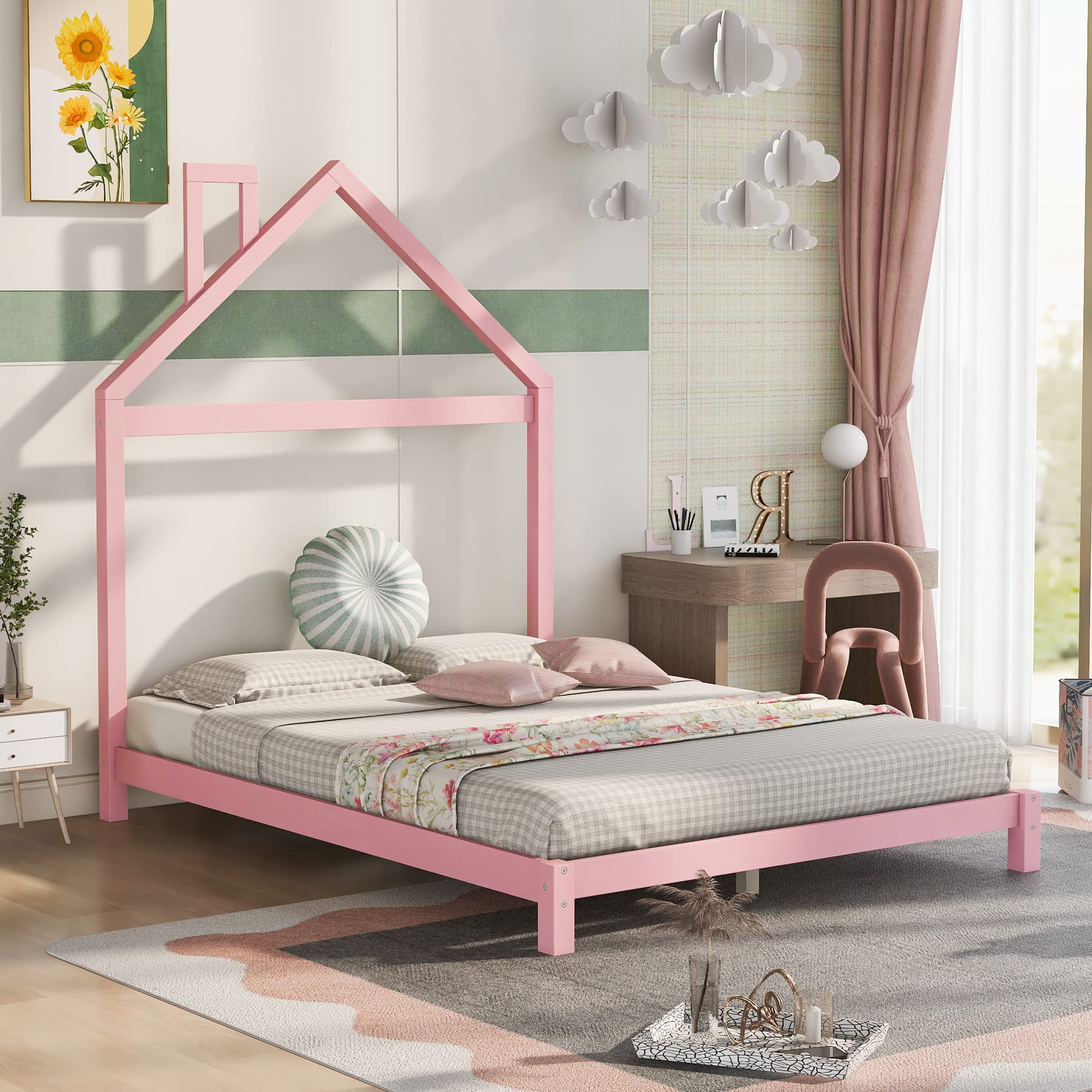 Full Size House Shaped Headboard Platform Bed Frame for Kids, Teens, Girls & Boys - Pink | Perfect for Bedroom Decor, Kids Room Furniture & Sleepovers