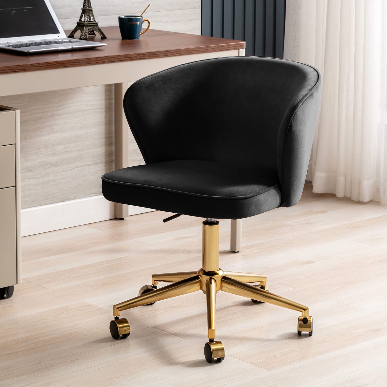 Gold Base Rolling Home Office Chair - Adjustable Height Swivel Desk Chair with Curved Back & Velvet Upholstery, Perfect for Teens, Makeup Vanity & Workspace