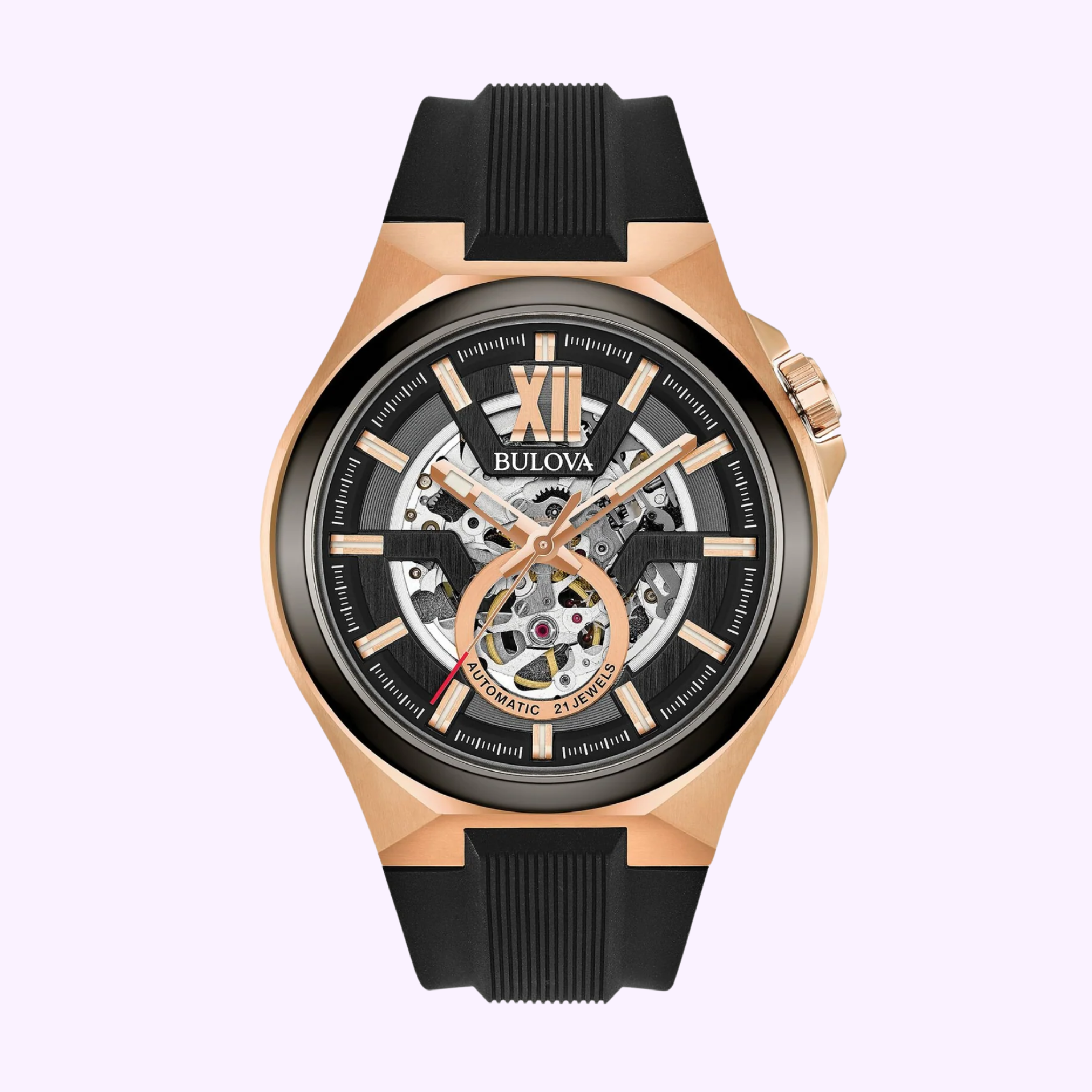 Bulova 98A177 Automatic Men's Watch - Black Silicone Strap, Water Resistant, Date Display | Perfect for Business, Casual Wear & Outdoor Activities