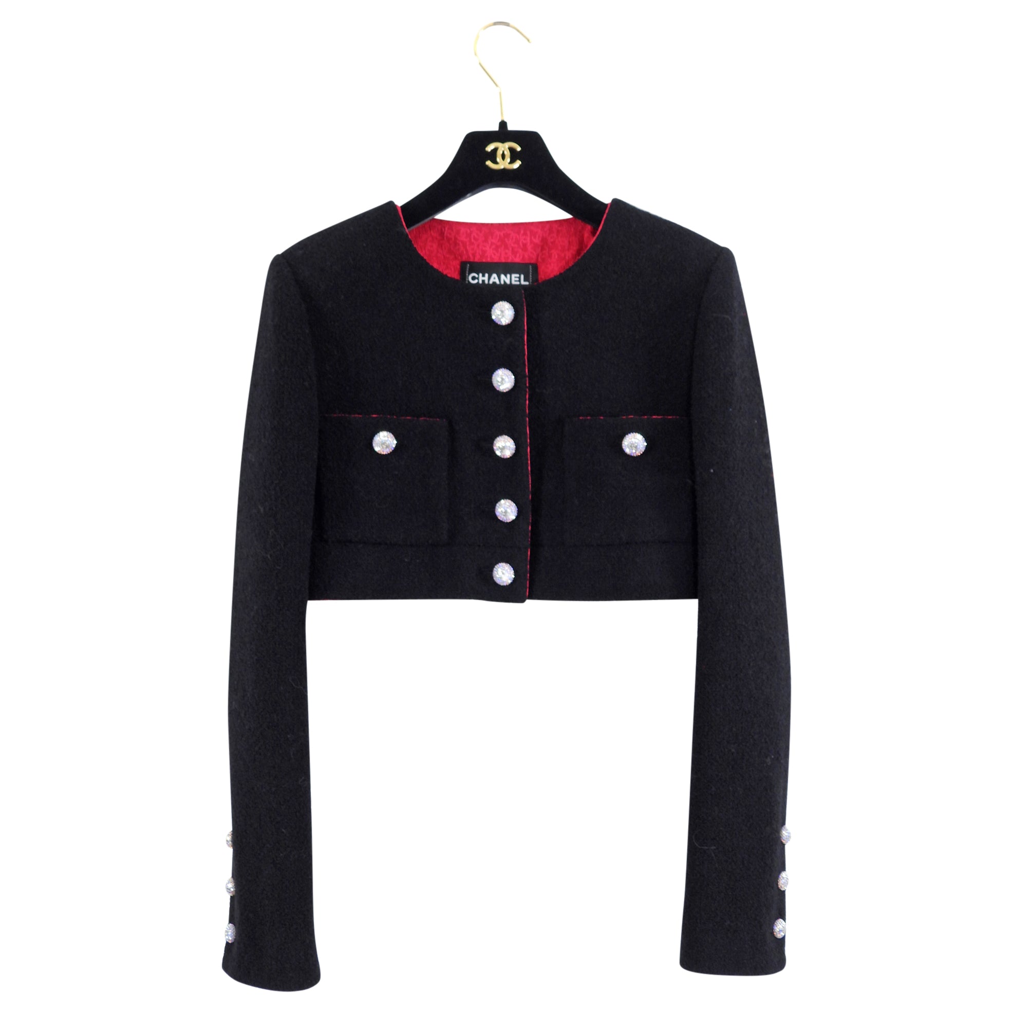 Chanel 21A Black Cropped Jacket with Crystal Buttons - Size FR38 (US 4/6) | Luxury Women's Outerwear for Evening Parties & Special Occasions