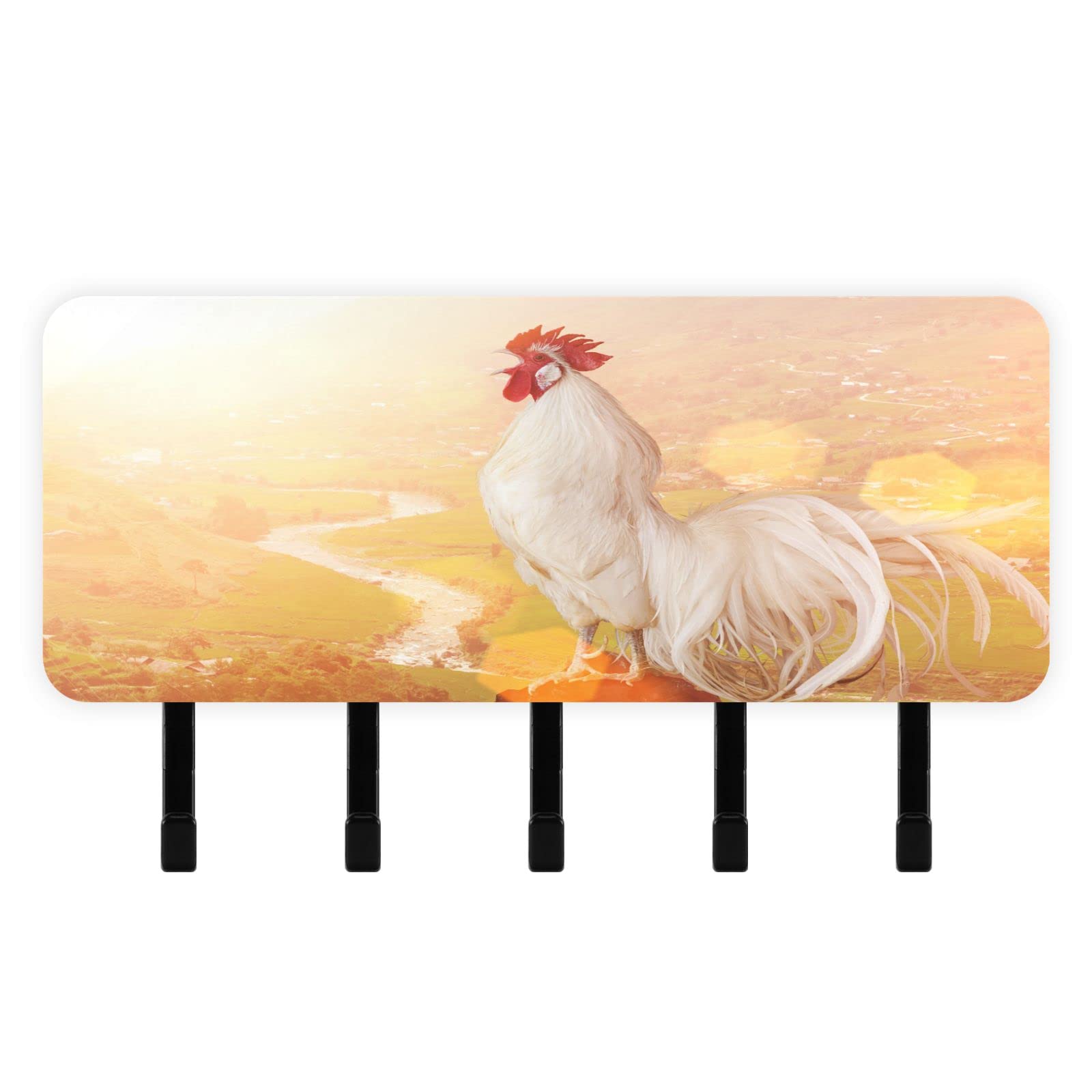 White Rooster Key Holder Wall Mount - 5 Key Hooks Mail Organizer for Entryway, Mudroom & Farmhouse Decor | Rustic Countryside Home Decor for Kitchen, Office & Living Room | Perfect for Organizing Keys, Letters & Small Essentials
