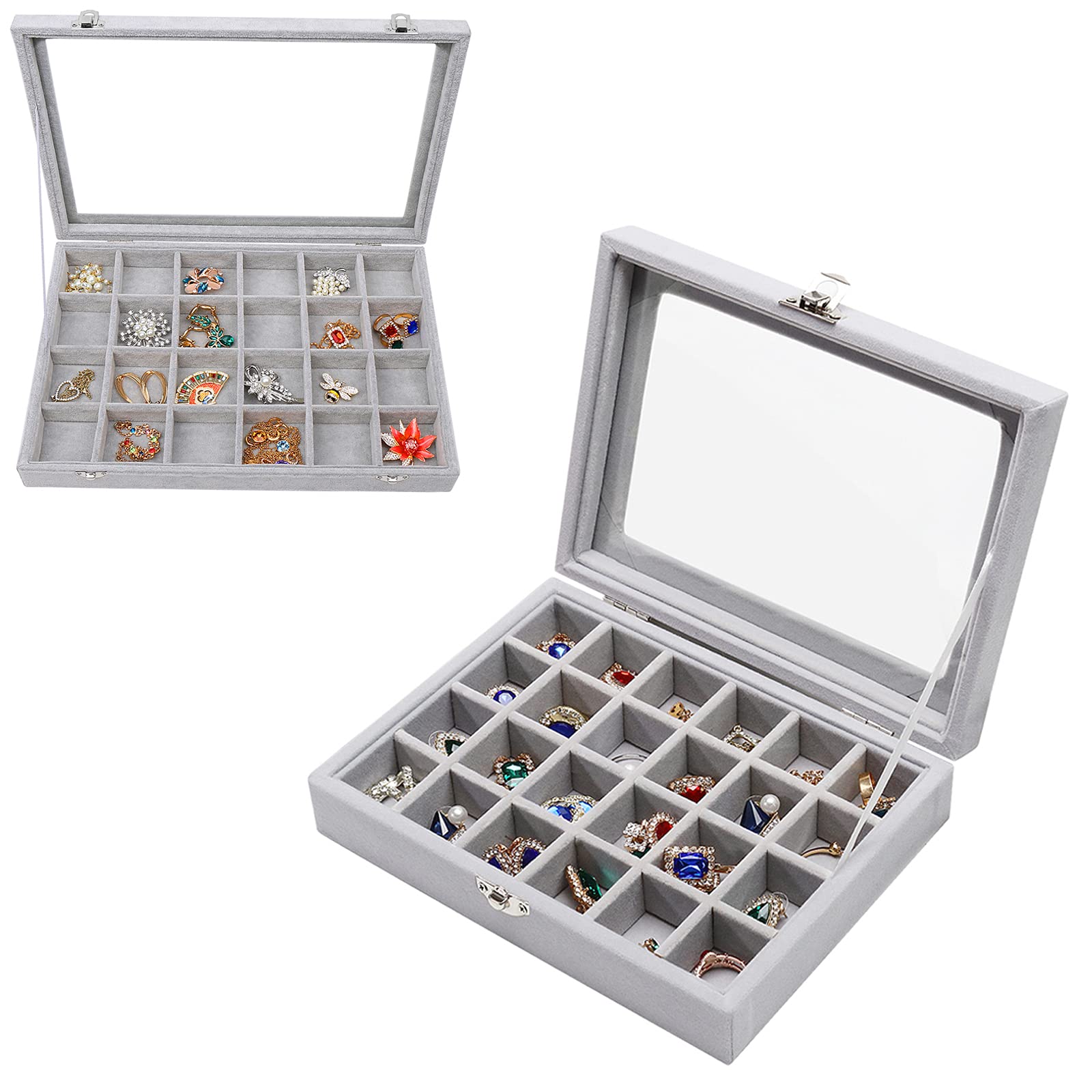 Stylifing 2 Pack Clear Lid Jewelry Box Organizer Tray - 24 Grid Stackable Jewelry Storage for Drawer | Perfect for Earrings, Rings & Necklaces Organization at Home or Travel
