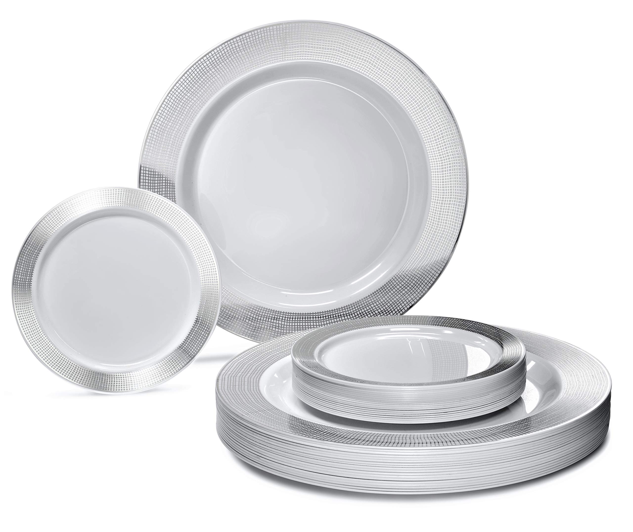 240-Piece Heavyweight Disposable Plastic Plates Set - 120 x 10.5'' Dinner Plates & 120 x 6.25'' Dessert Plates in Linen White & Silver | Premium Party Tableware for Weddings, Birthdays, Catering & Events