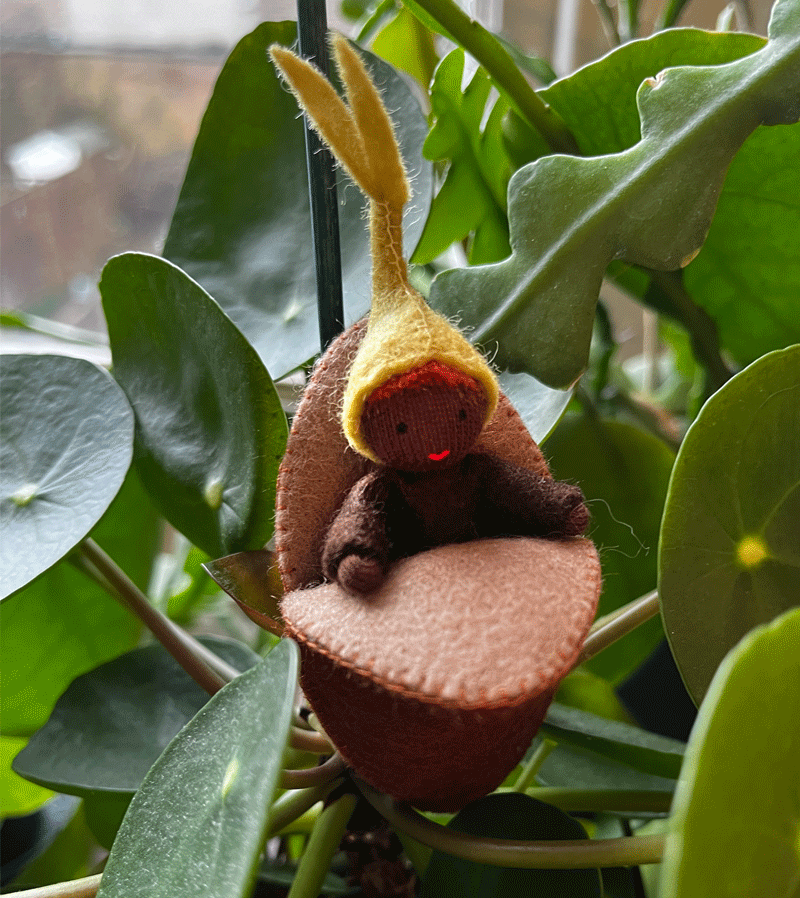 Black Skin Seedling Waldorf Felt Flower Fairy - Handmade Wool Felt Doll for Waldorf Education, Nature Tables & Imaginative Play