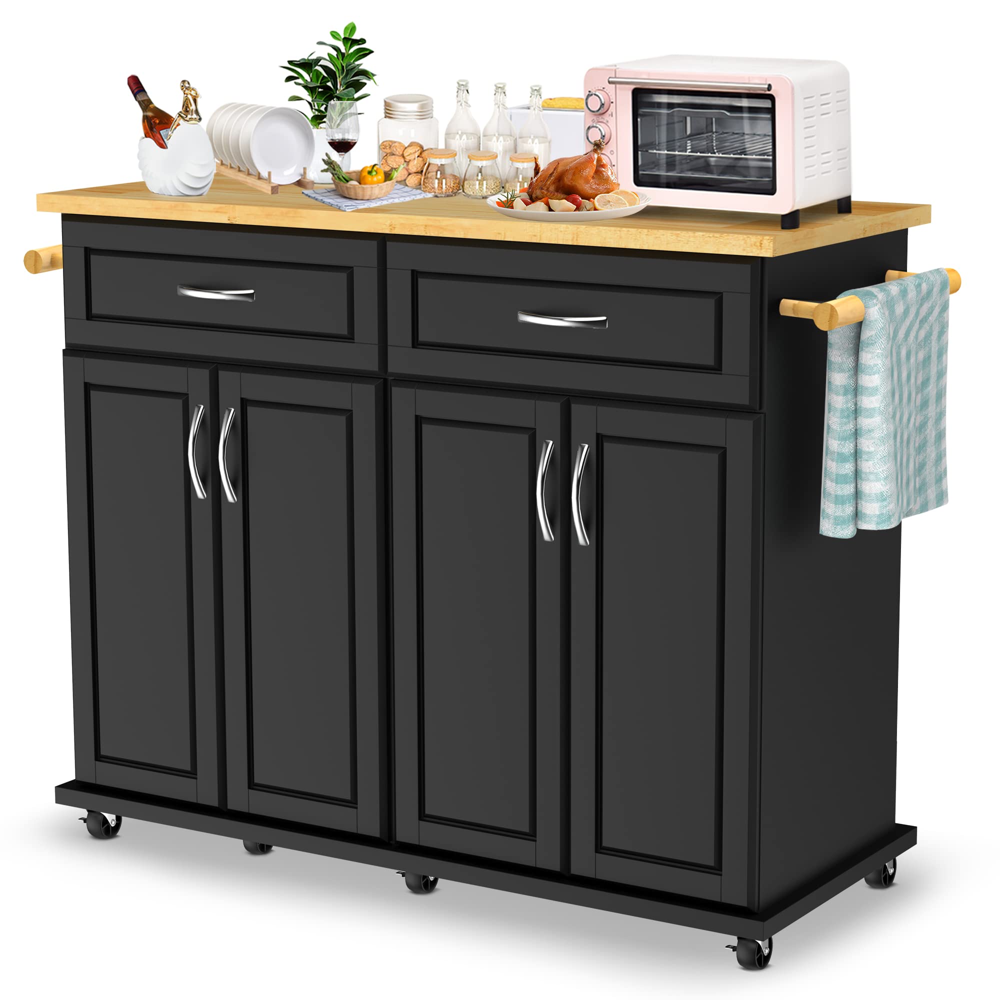 Codesfir Kitchen Island Cart on Wheels with Drawer - Rolling Kitchen Cart with Towel Rack & 2 Storage Cabinets - Rubber Wood Countertop - Mobile Kitchen Organizer for Small Spaces - Perfect for Kitchen, Living Room, Dorm, or Apartment - Black
