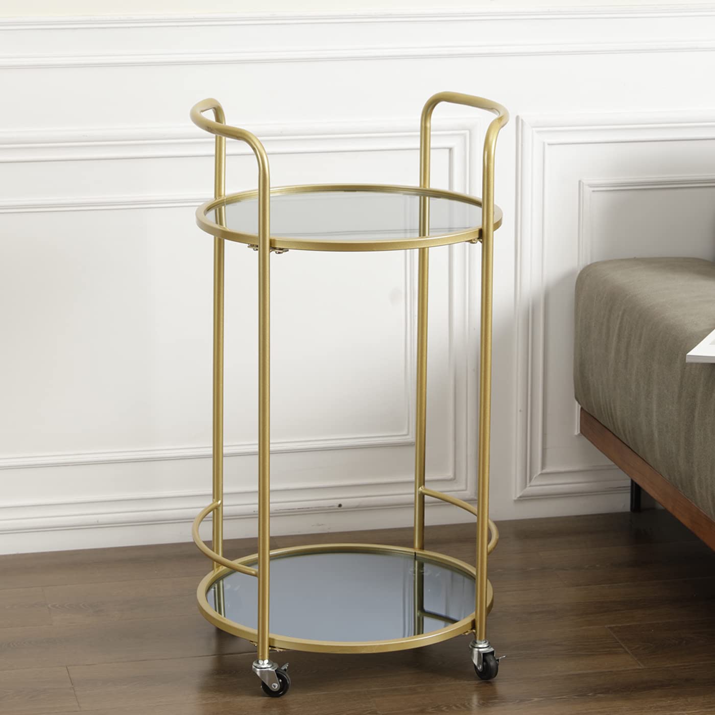 ZIOTHUM Gold Round Bar Cart with 2 Mirrored Shelves & Lockable Wheels - Rolling Metal Drink Serving Cart for Wine, Liquor & Beverages - Perfect for Home, Office, Parties & Outdoor Entertaining (Gold, Round)
