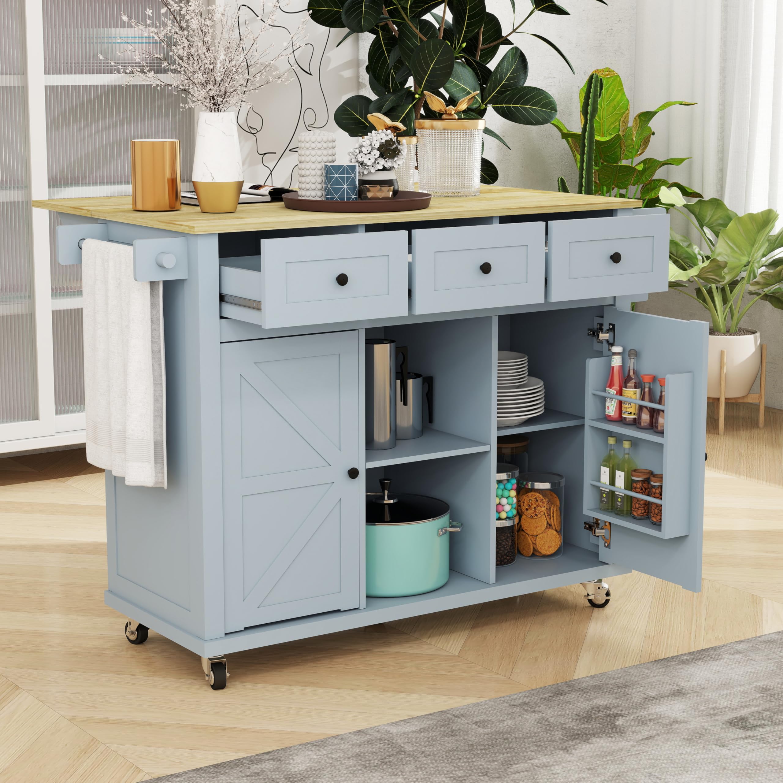 Rolling Kitchen Cart with Storage & Drop Leaf - Grey Blue for Cooking & Dining
