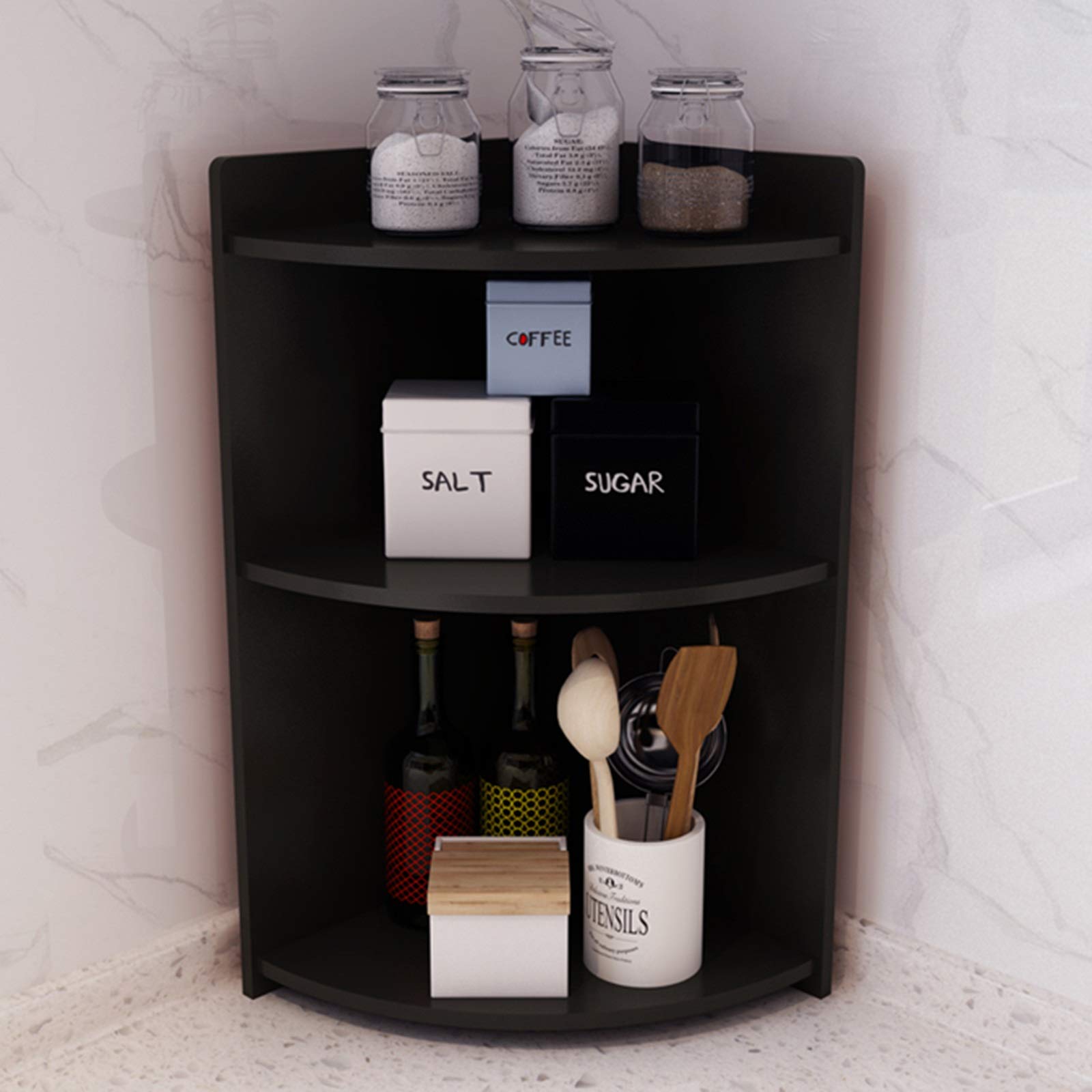 XXIOJUN 3-Tier Wooden Kitchen Shelf - Spice Organizer Rack for Countertop, Sturdy & Space-Saving Storage Solution (Black, 30x30x60cm) - Perfect for Pantry, Bathroom, or Office Organization