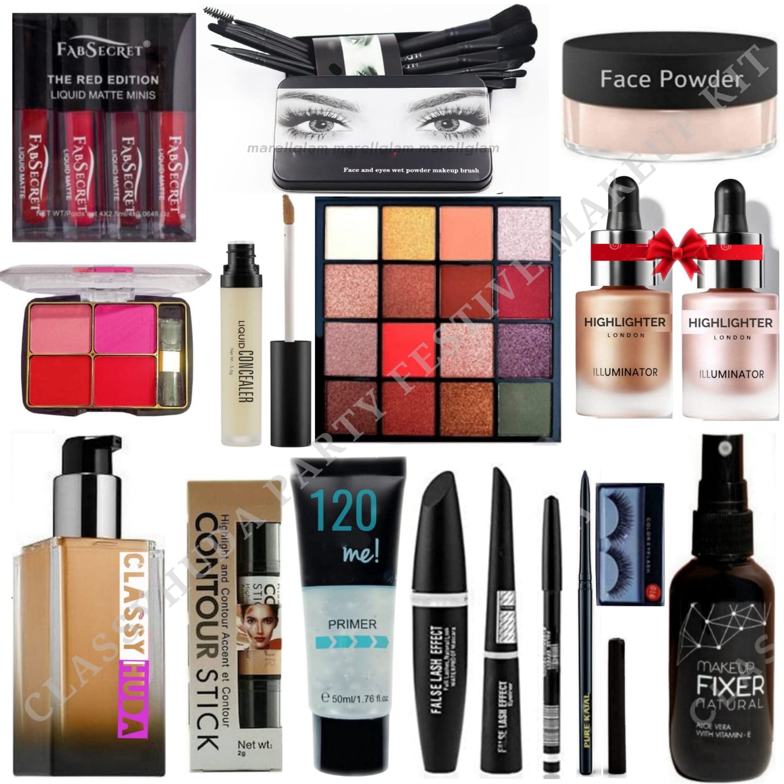 Premium Huda Beauty Makeup Kit - Foundation, Contour, Primer, Eyeliner, Mascara, Eyebrow Pencil, Kajal, Lashes, Setting Spray, Highlighter, Eyeshadow, Brushes, Lipstick, Blush, Concealer & Powder | Complete Cosmetics Collection for Flawless Everyday & Party Makeup Looks