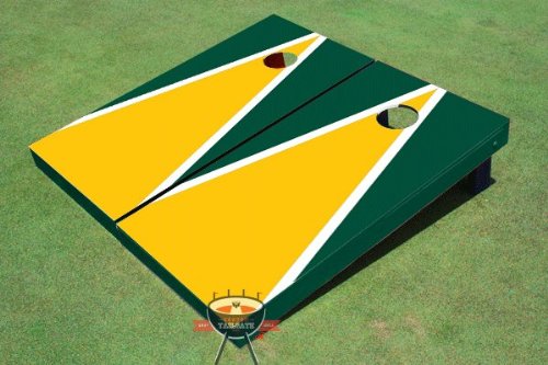 Premium Custom Tailgate Cornhole Game Set - Yellow & Dark Green Triangle Design Boards for Outdoor Parties, BBQs, and Backyard Fun