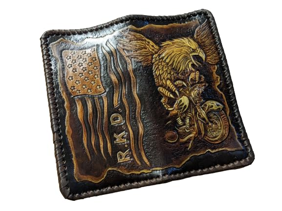 Handcrafted Genuine Leather Biker Wallet for Men - 3D Carved American Flag & Eagle Design - Custom Personalized Long Wallet - Perfect for Motorcycle Riders & Patriotic Gifts