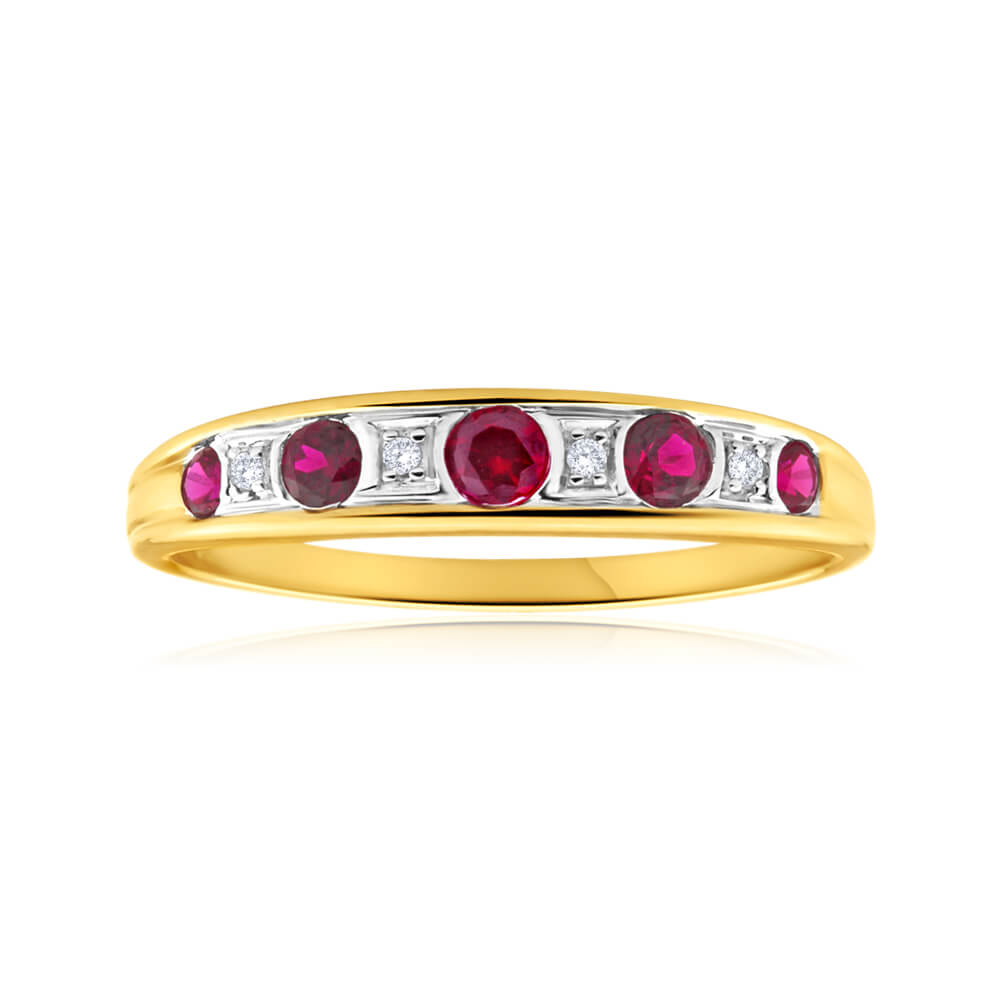9ct Yellow Gold 5 Created Ruby and Diamond Graduated Ring for Women - Elegant Stackable Jewelry for Anniversary, Engagement & Special Occasions