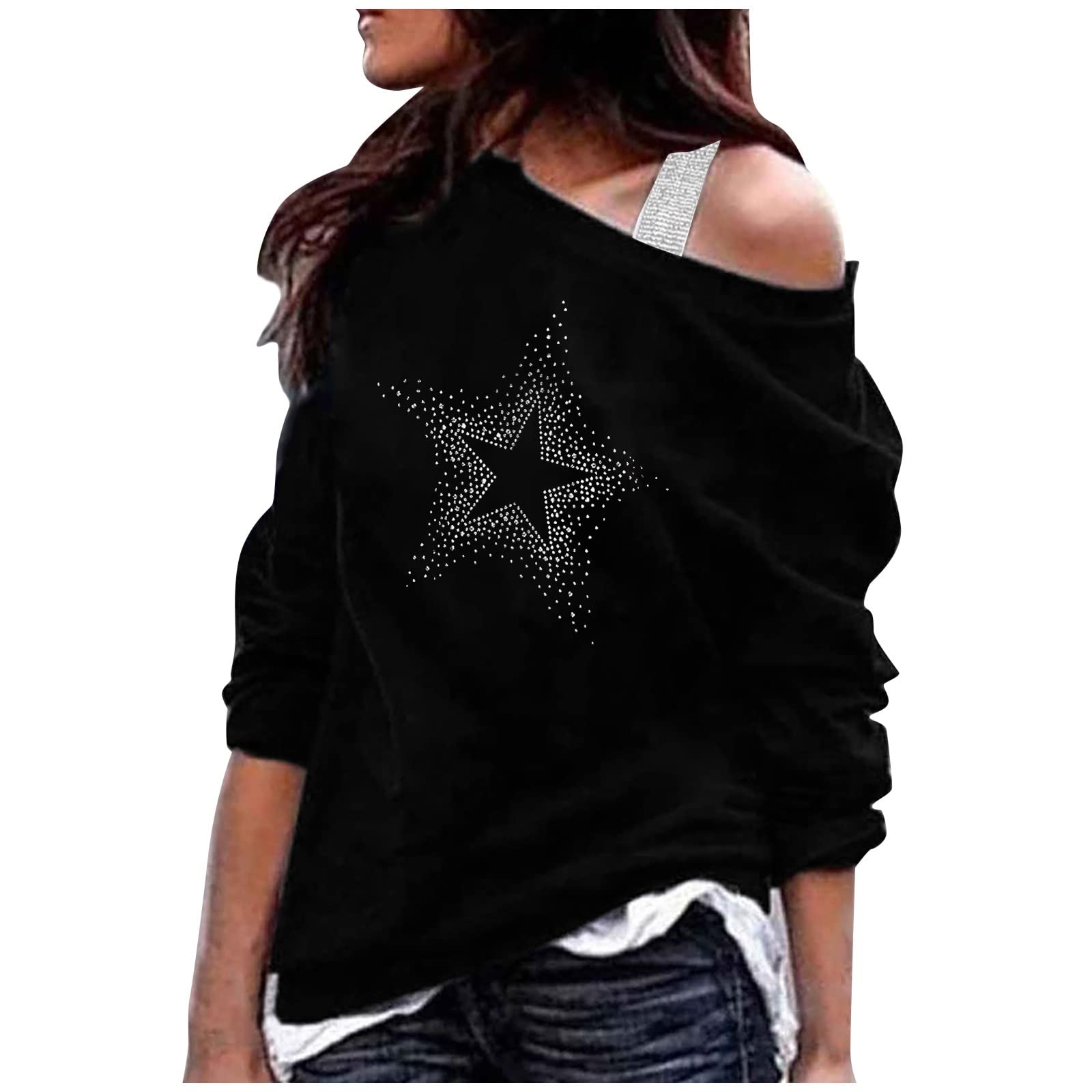 Women's Long Sleeve Casual Shirt - Off-The-Shoulder Diamond-Studded Star Blouse for Business & Office Wear | Perfect for Work, Dating, and Special Occasions